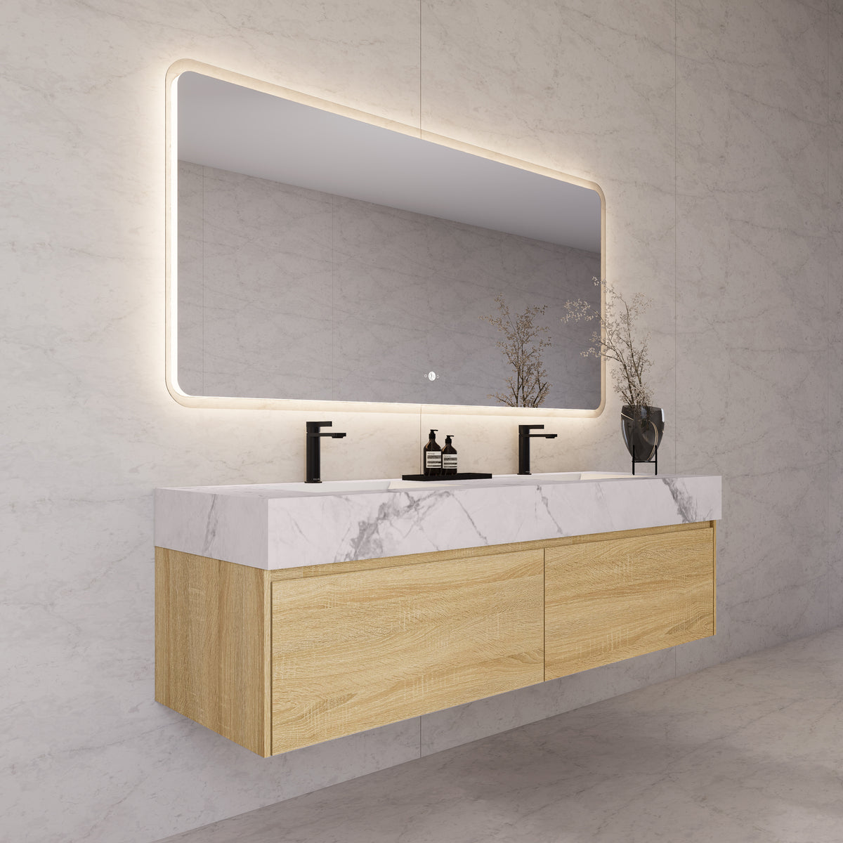 Tocador de baño flotante individual con cubierta de piedra de 60" / 71" de doble lavabo
