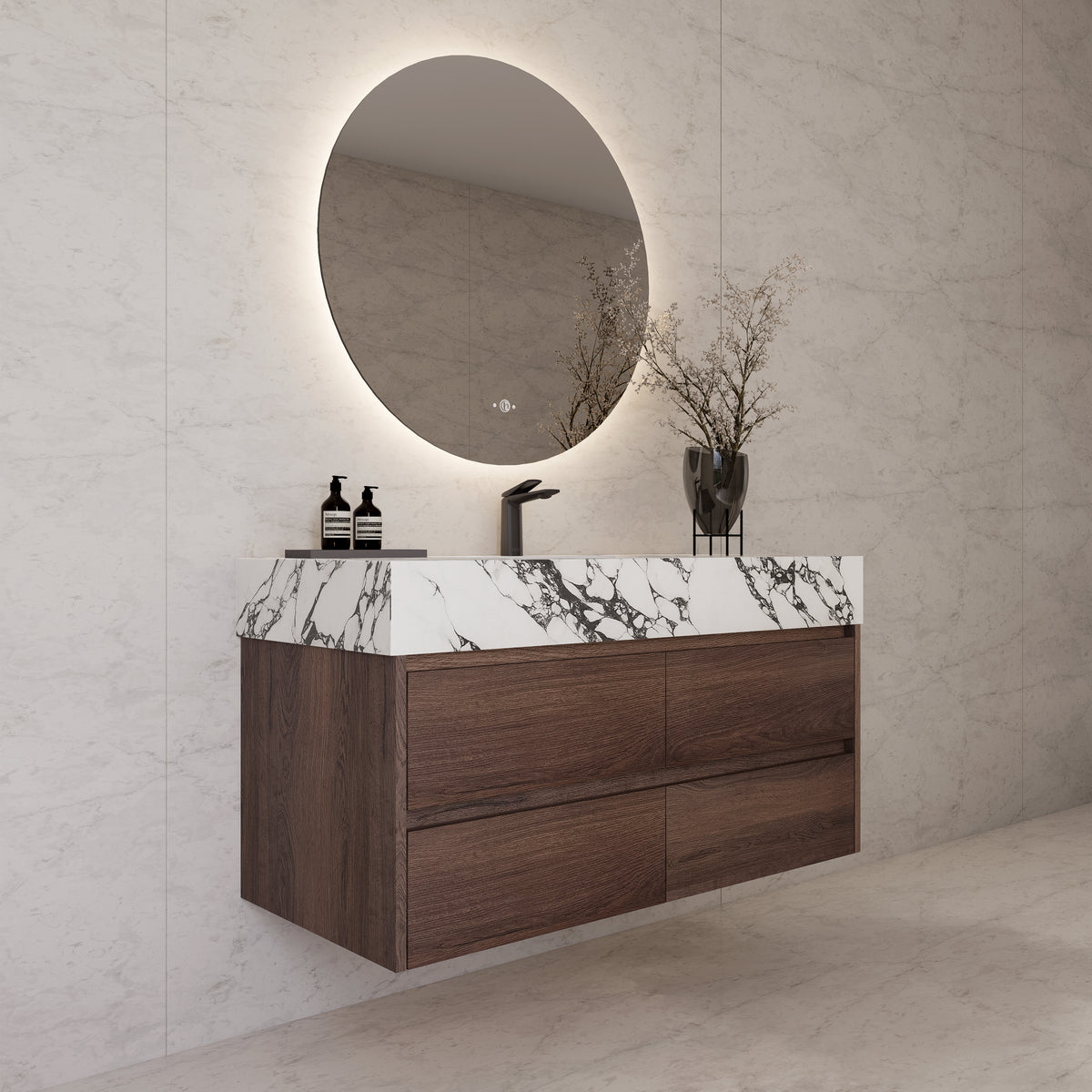 48"，60" Walnut Sintered Stone Top With Four Drawer Floating Bathroom Vanity
