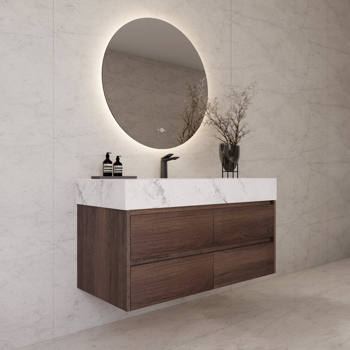 48"，60" Walnut Sintered Stone Top With Four Drawer Floating Bathroom Vanity