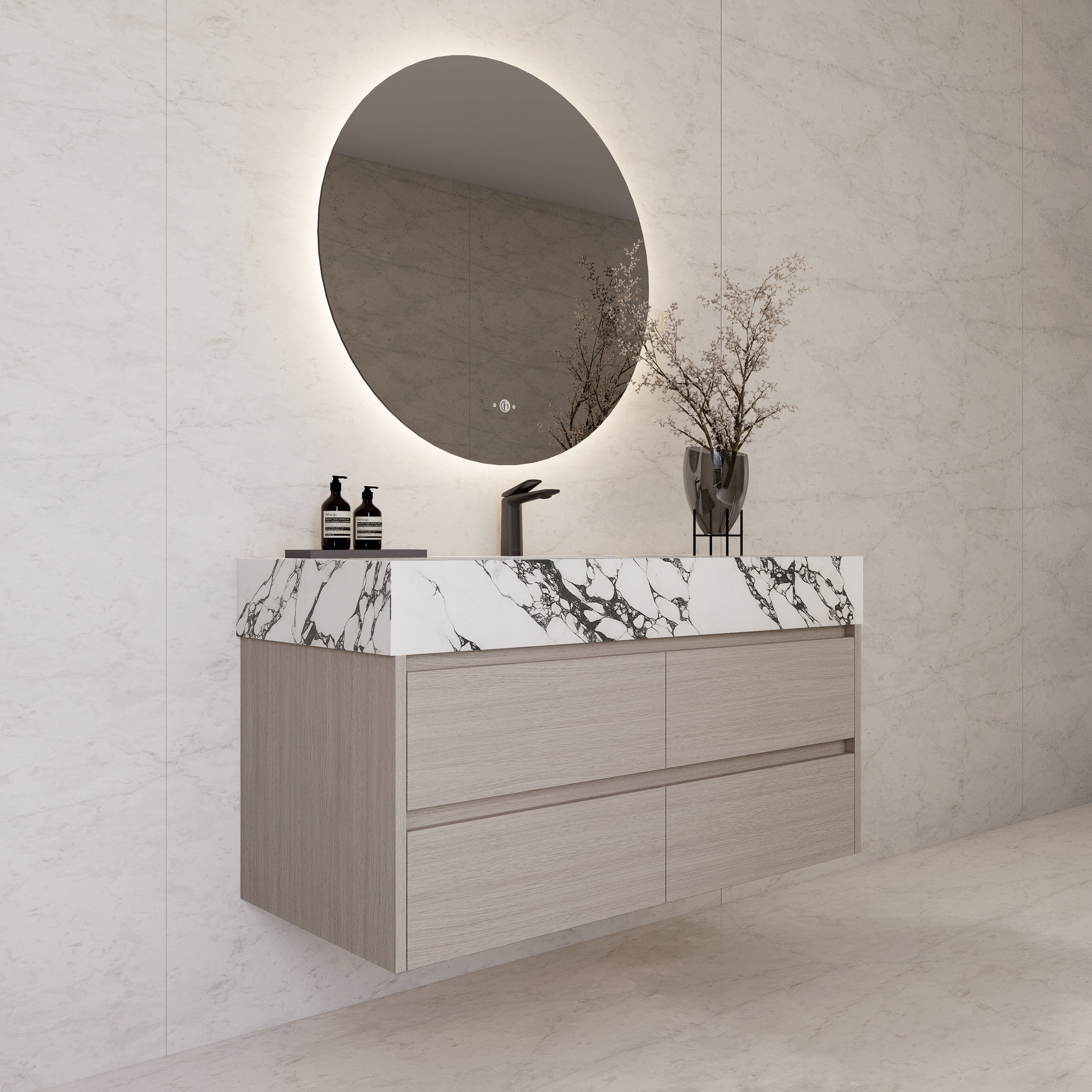48"，60" White Grey Sintered Stone Top With Four Drawer Floating Bathroom Vanity