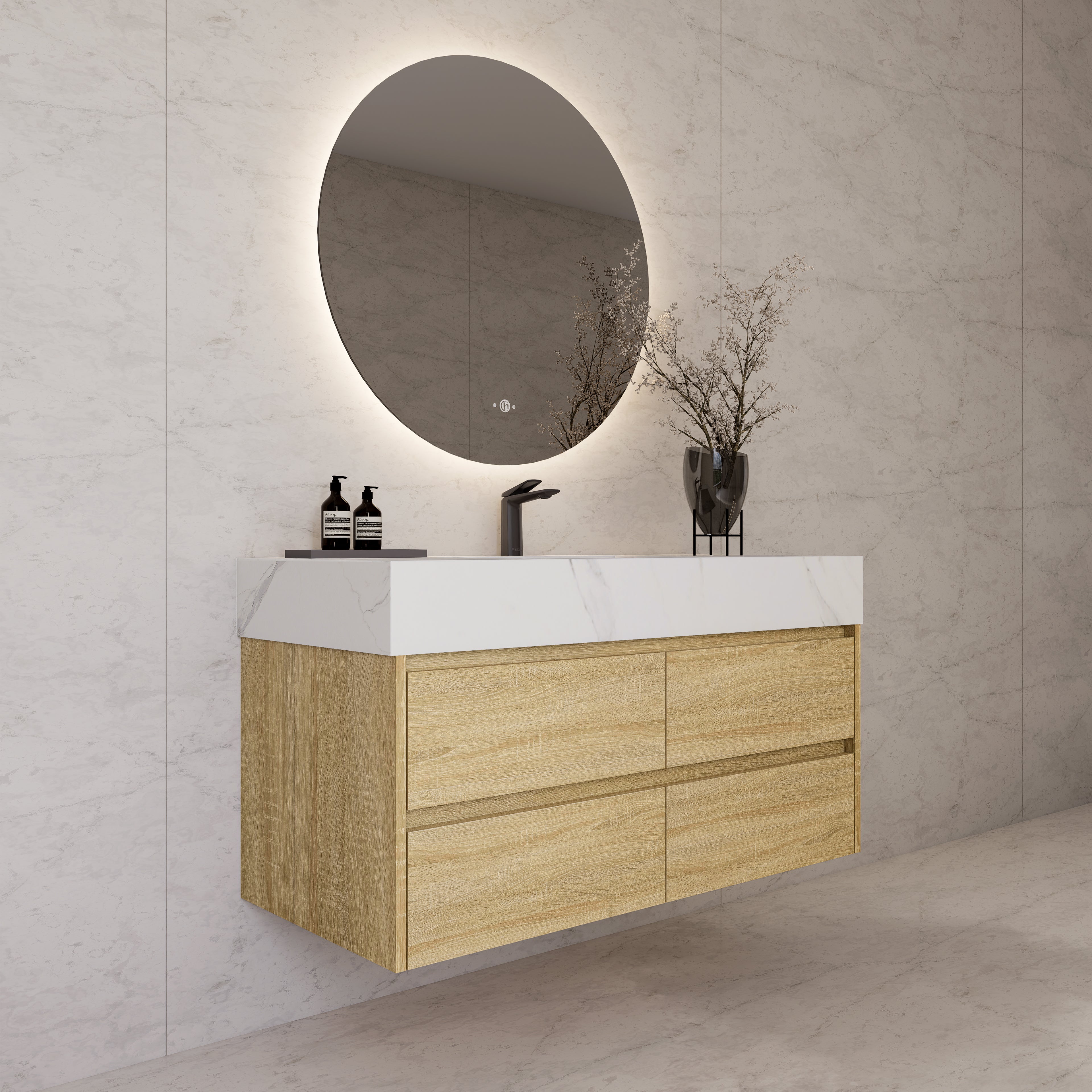 48"，60" Light Oak Sintered Stone Top With Four Drawer Floating Bathroom Vanity