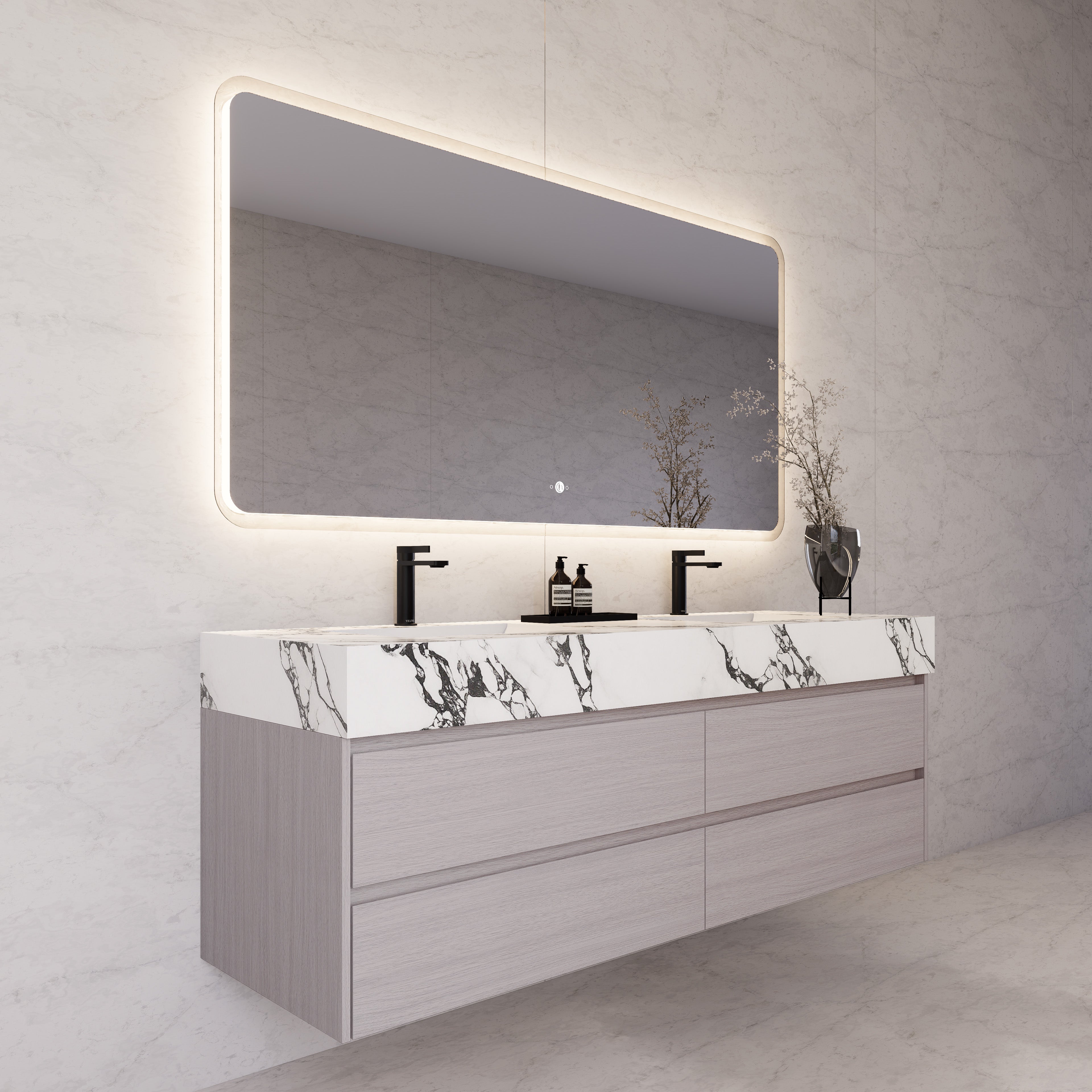 71"，60" White Grey Oak Double Sink Sintered Stone Top with Floating Bathroom Vanity