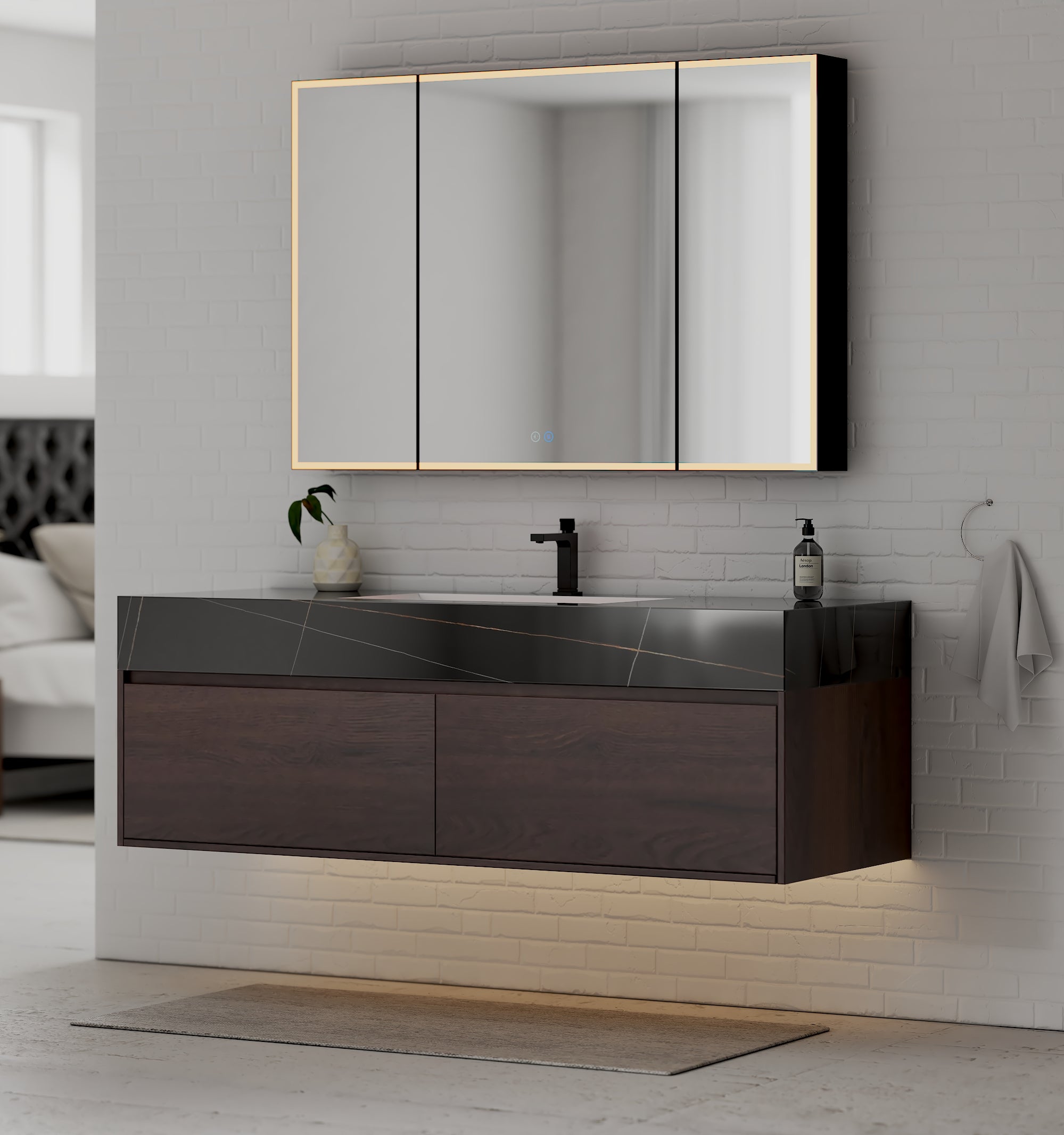 48", 60" Walnut Sintered Stone Top with Double Drawer Floating Bathroom Vanity