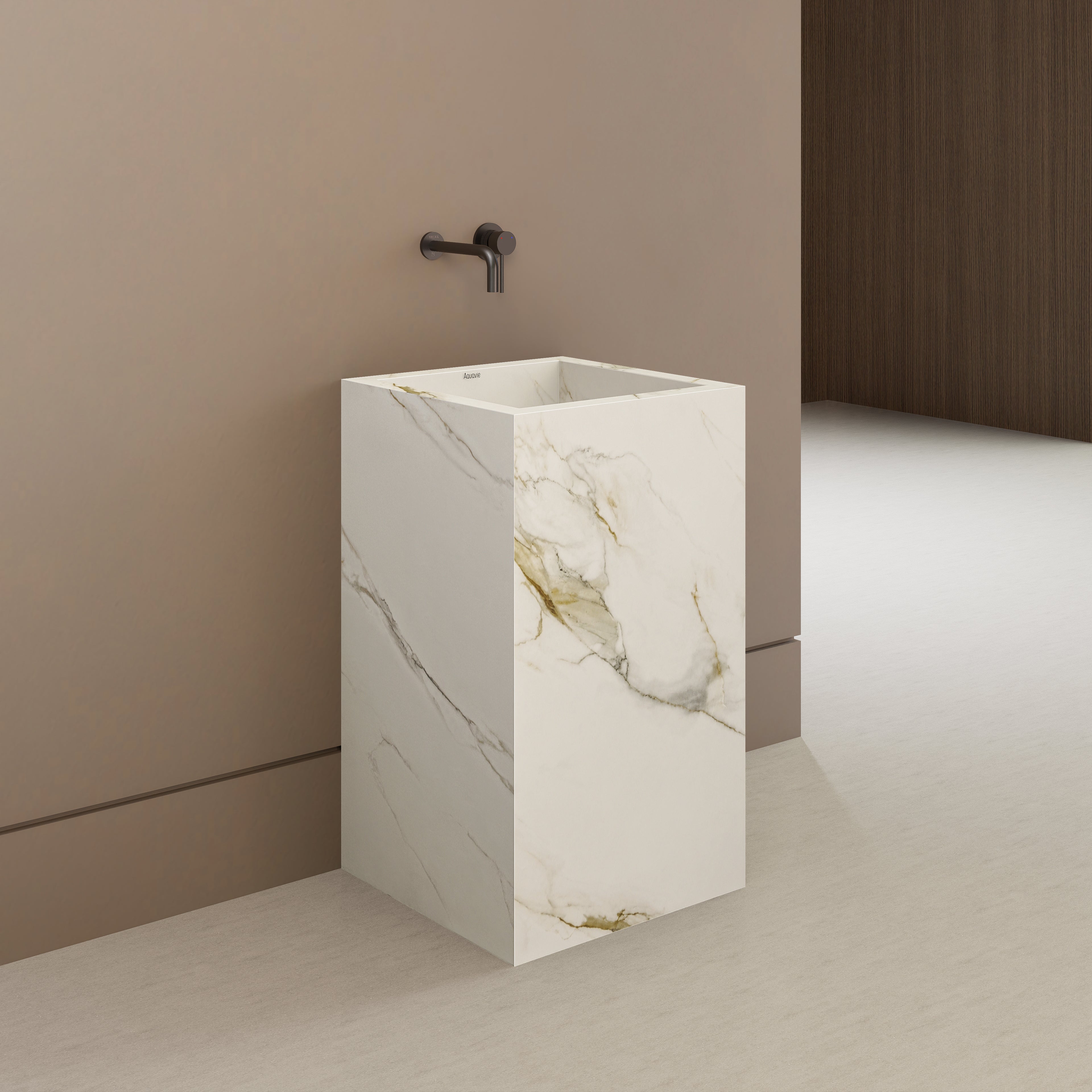 Monolithic Freestanding Pedestal Sink | Calacatta Gold Sintered Stone Ramp Basin with Hidden Drain