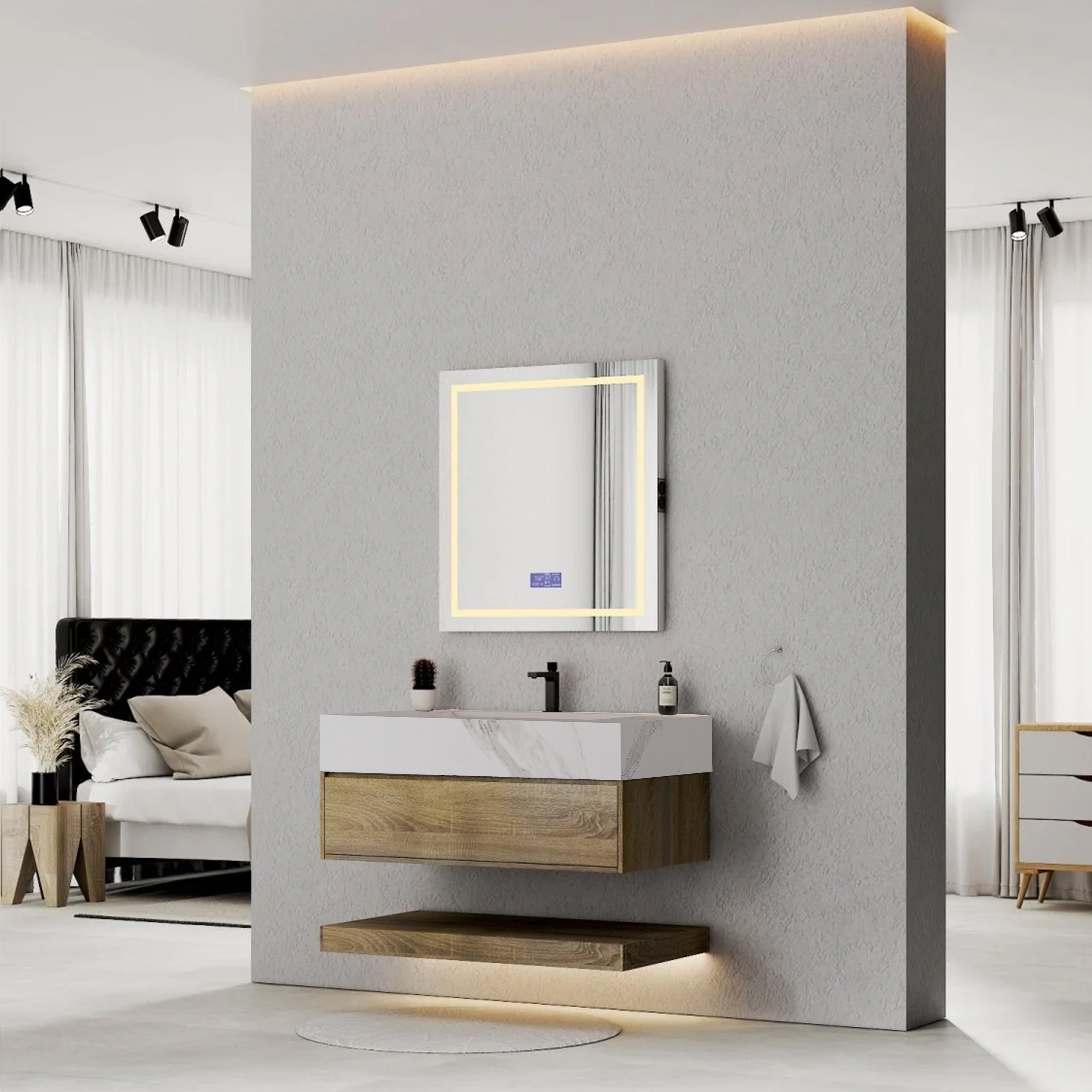 32", 36", 40" Light Oak Hotel-Style Floating Bathroom Vanity With Sintered Stone Top