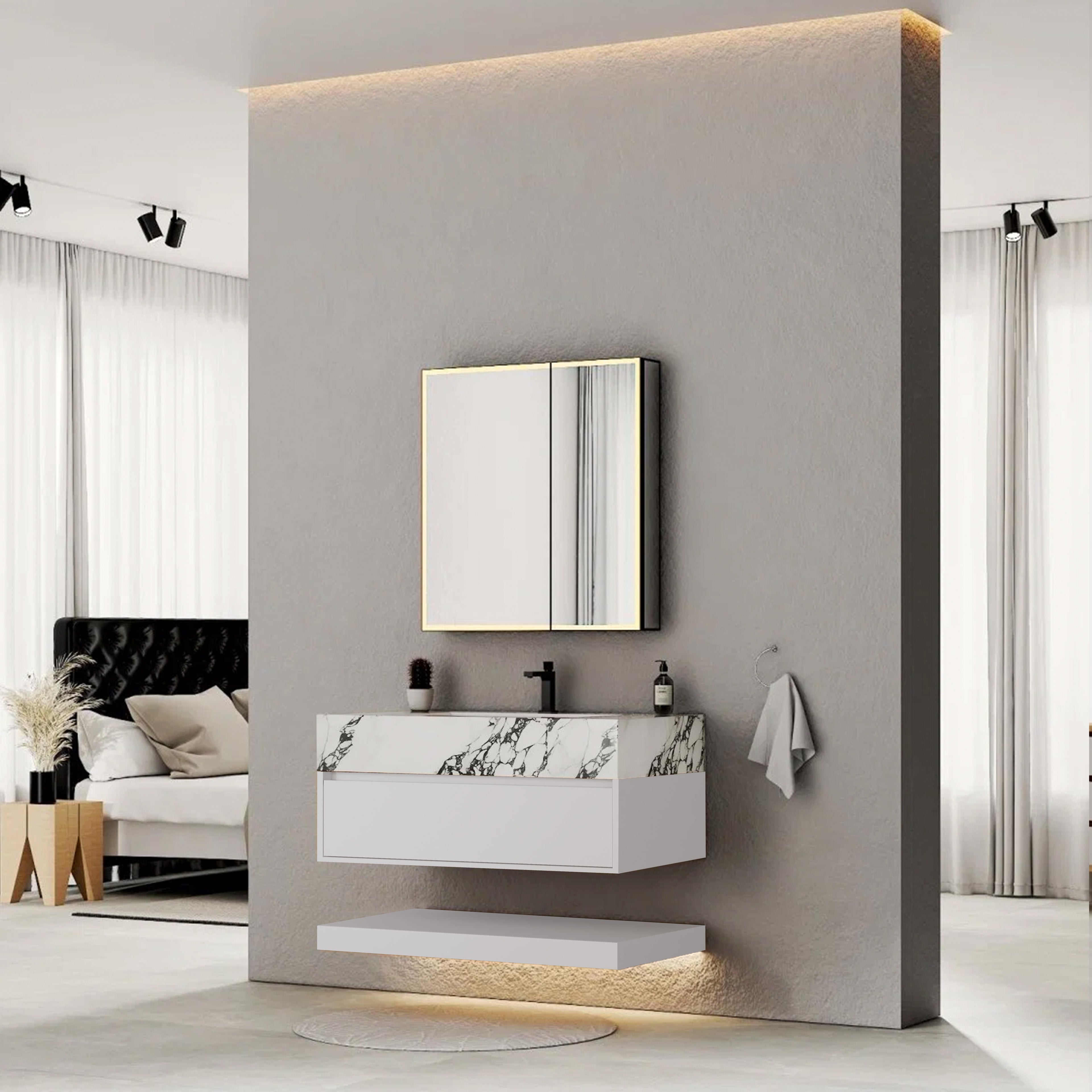32" White Sintered Stone Top with Hotel-Style Floating Bathroom Vanity