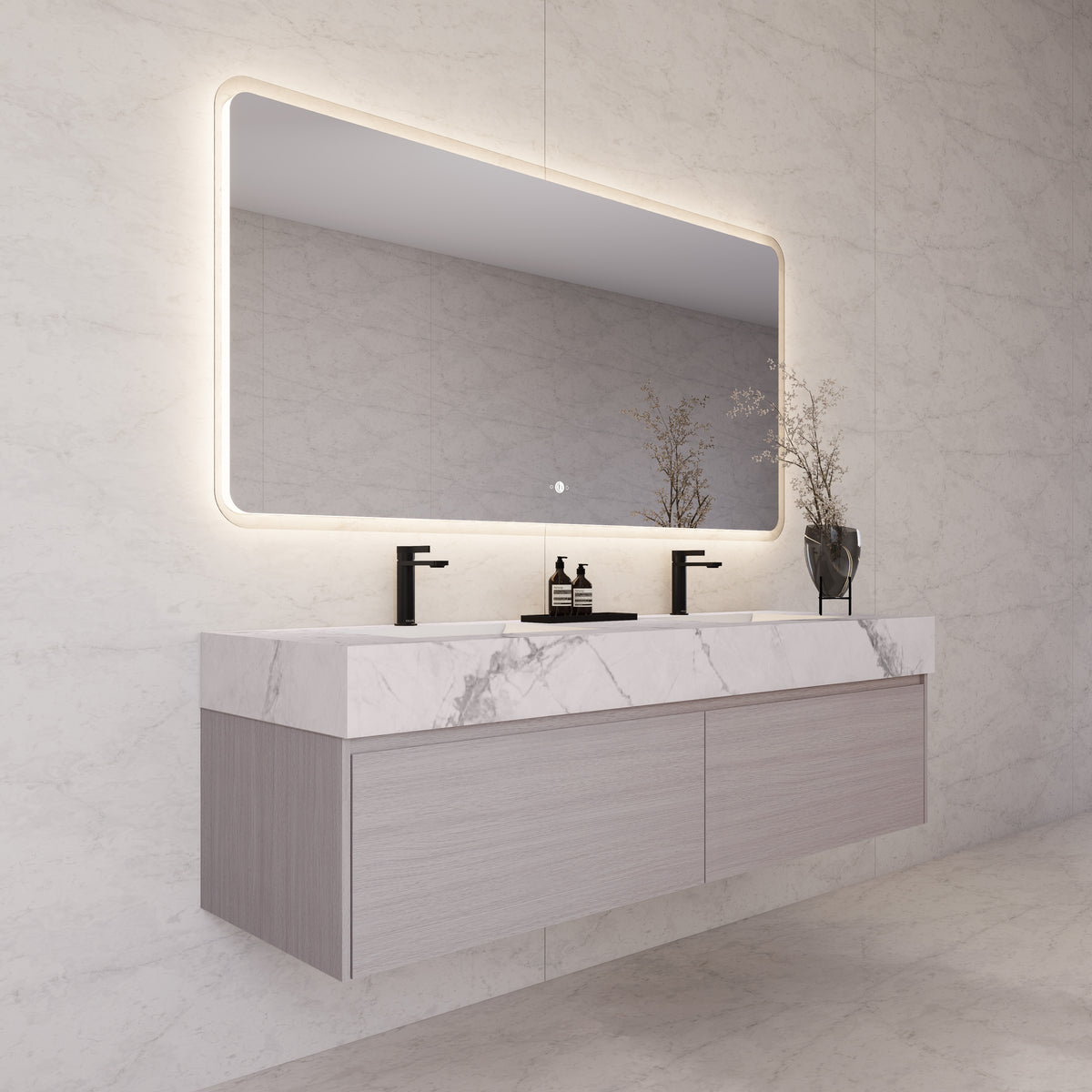 Tocador de baño flotante individual con cubierta de piedra de 60" / 71" de doble lavabo