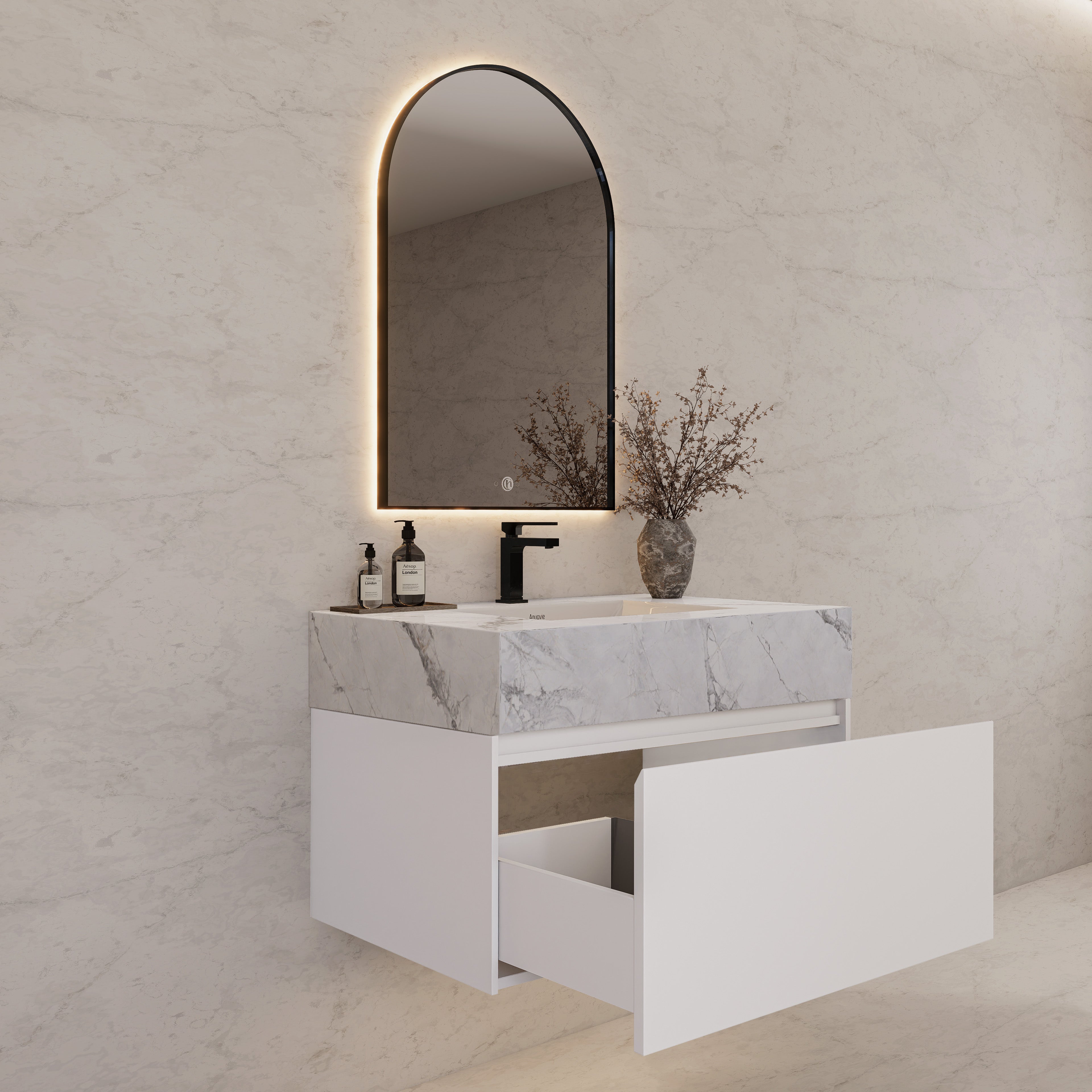 32"/ 36"/40" White Single Sink Floating Bathroom Vanity with Sintered Stone Top