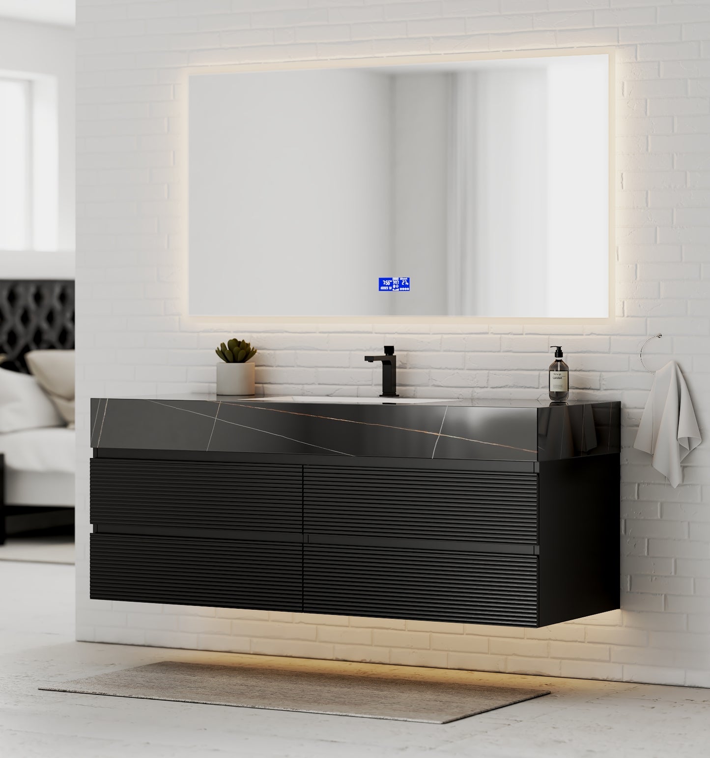 Black 60" Wall-Mounted Single Sink Bathroom Vanity with Fluted Drawers
