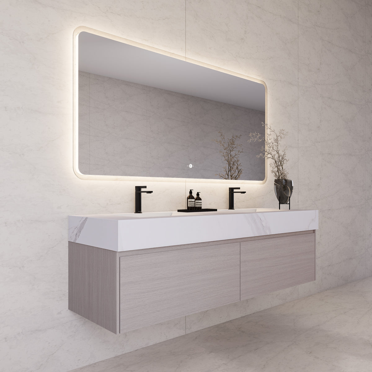 Tocador de baño flotante individual con cubierta de piedra de 60" / 71" de doble lavabo