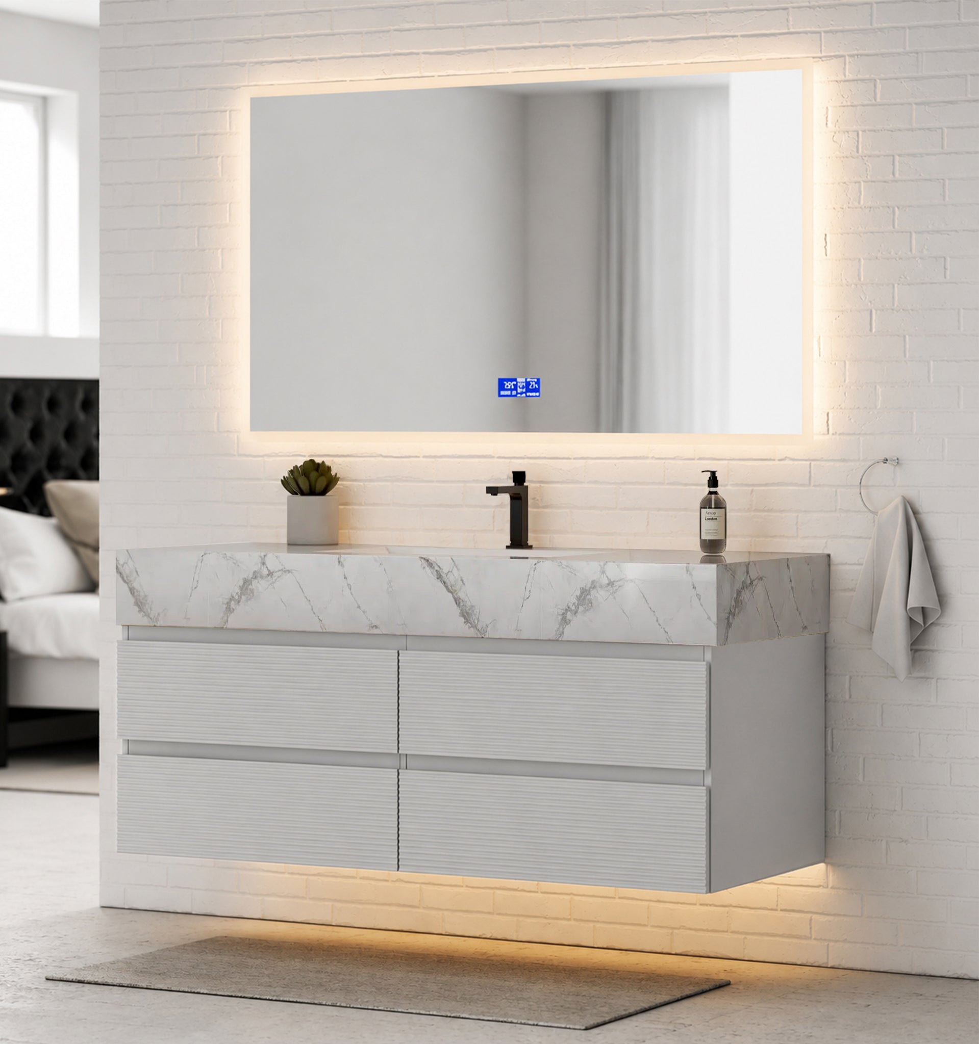 60” Light Grey Modern Floating Bathroom Vanity 4 Drawers– Single Basin