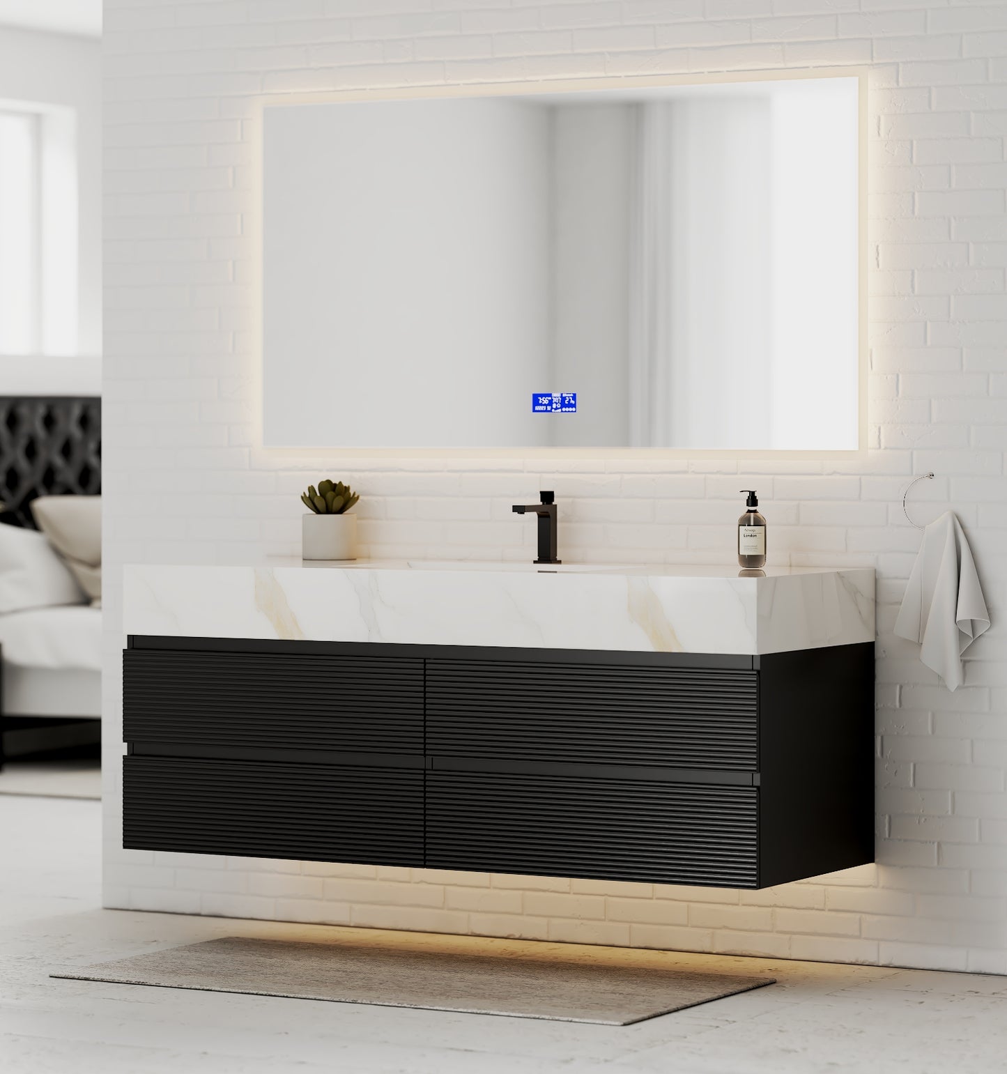 Black 60" Wall-Mounted Single Sink Bathroom Vanity with Fluted Drawers