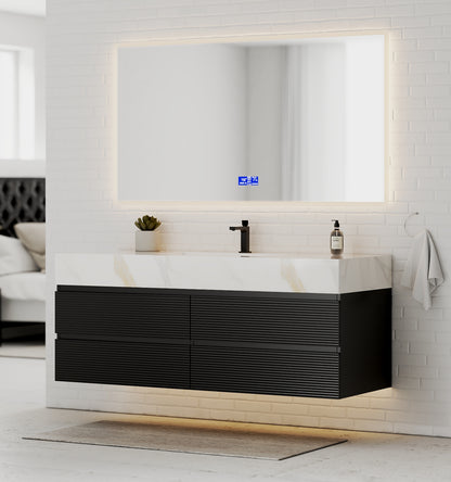 Black 60" Wall-Mounted Single Sink Bathroom Vanity with Fluted Drawers