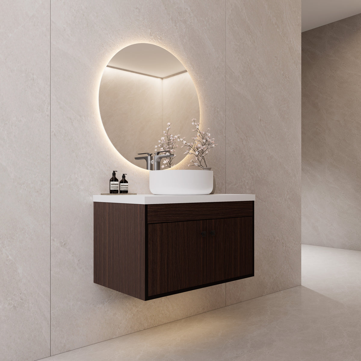 Vessel Sink Vanity — Floating Plywood Cabinet with Sintered Stone Top, Espresso Walnut