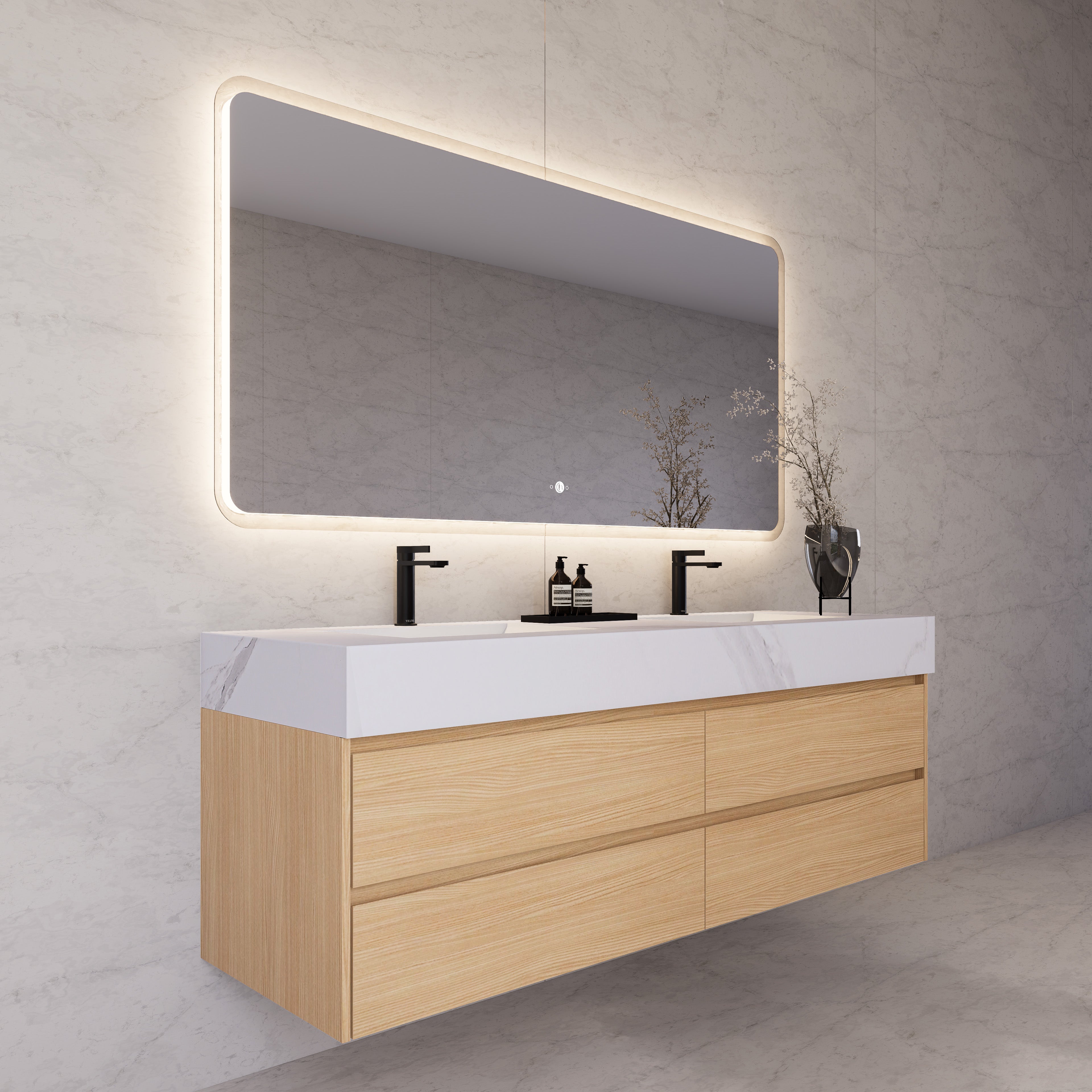 71"，60" Nature Oak Double Sink Sintered Stone Top with Floating Bathroom Vanity