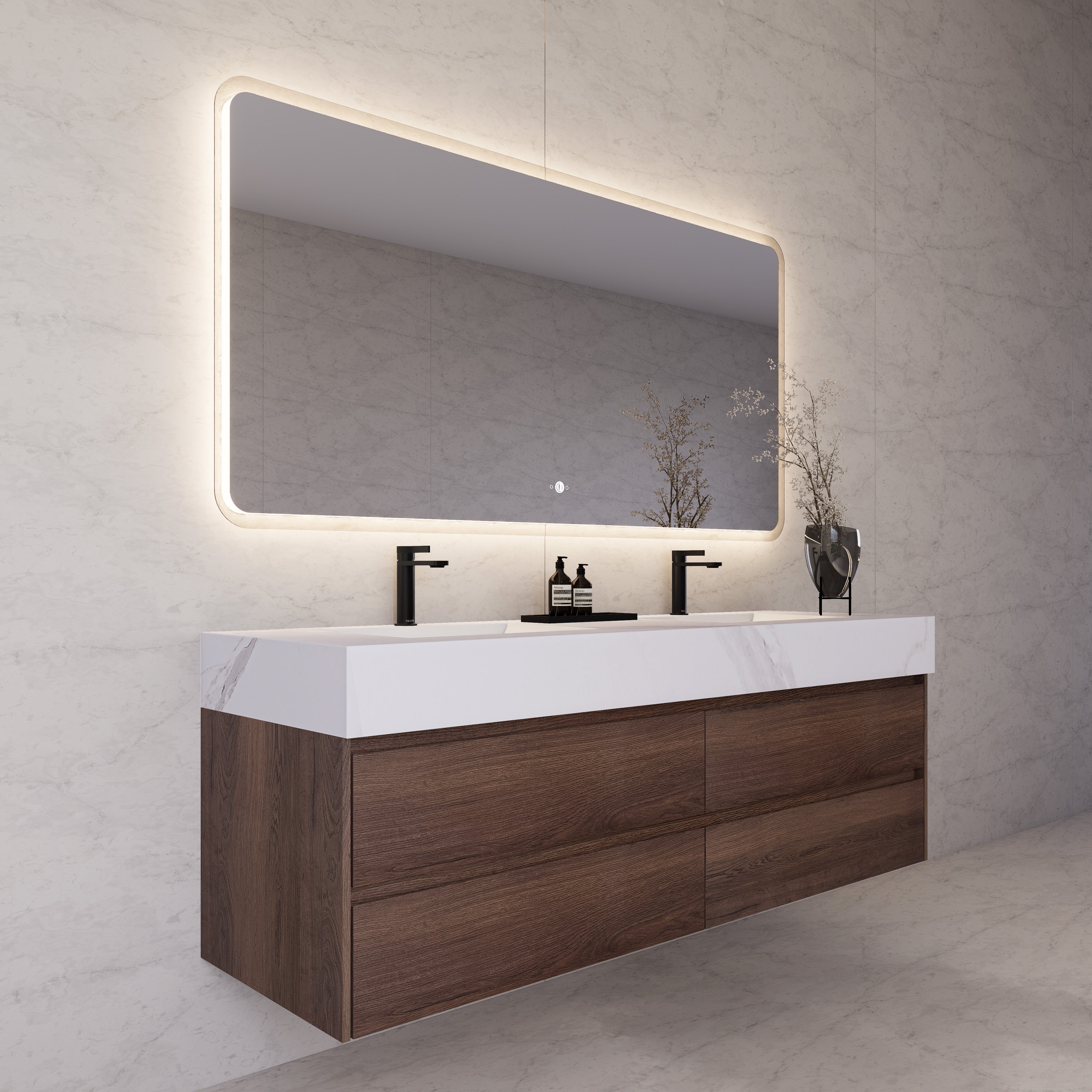 71"，60" Walnut Double Sink Sintered Stone Top with Elegant Floating Bathroom Vanity