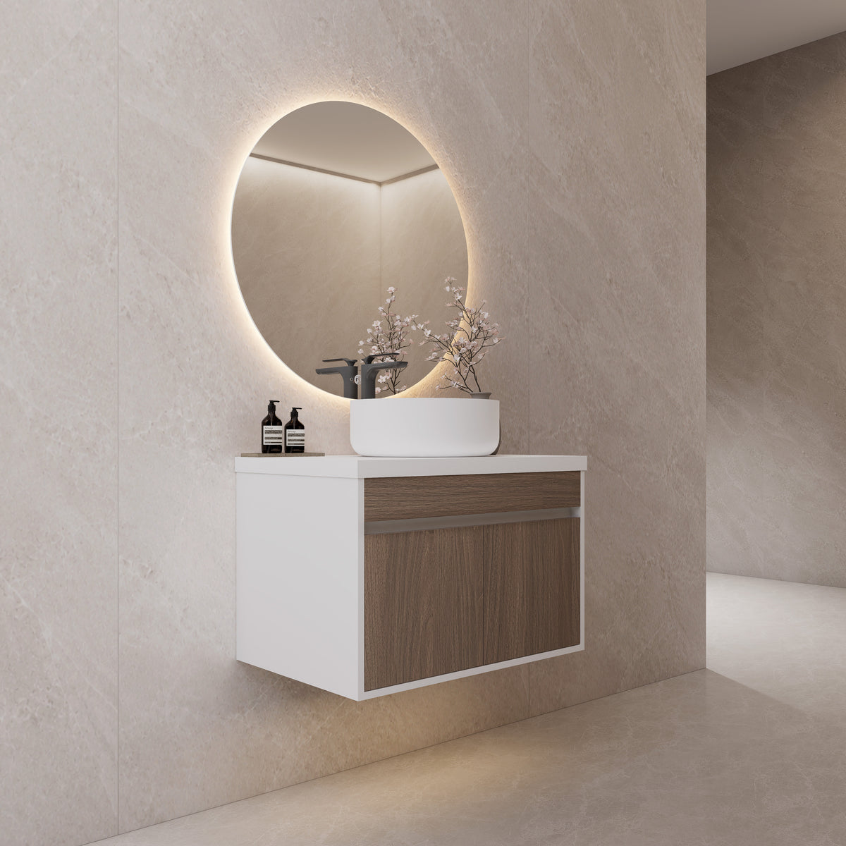 Vessel Sink Vanity — Floating Bathroom Cabinet, Walnut & White (Sink Not Included)