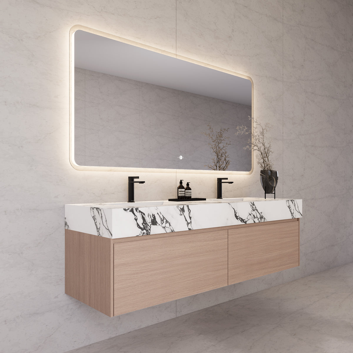 Meuble-lavabo suspendu double de 60 po / 71 po en chêne fumé avec dessus en pierre