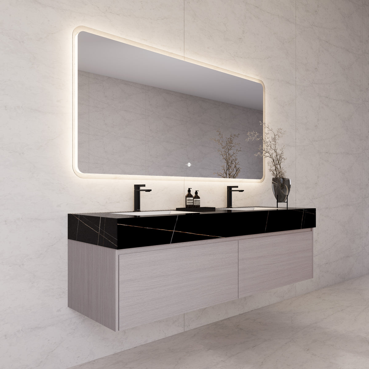 Tocador de baño flotante individual con cubierta de piedra de 60" / 71" de doble lavabo