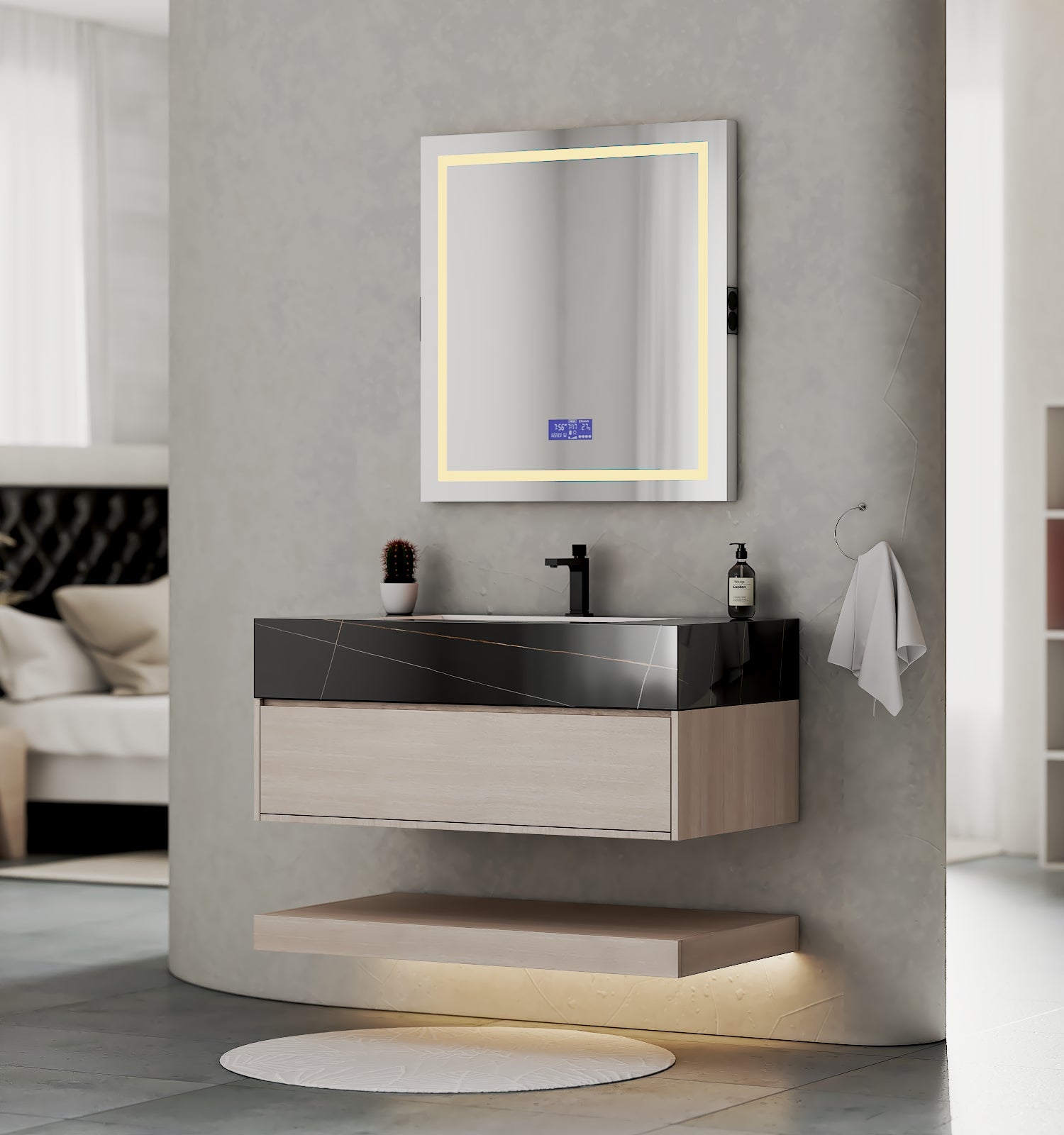 32", 36", 40" White Grey Oak Hotel-Style Floating Bathroom Vanity With Sintered Stone Top with