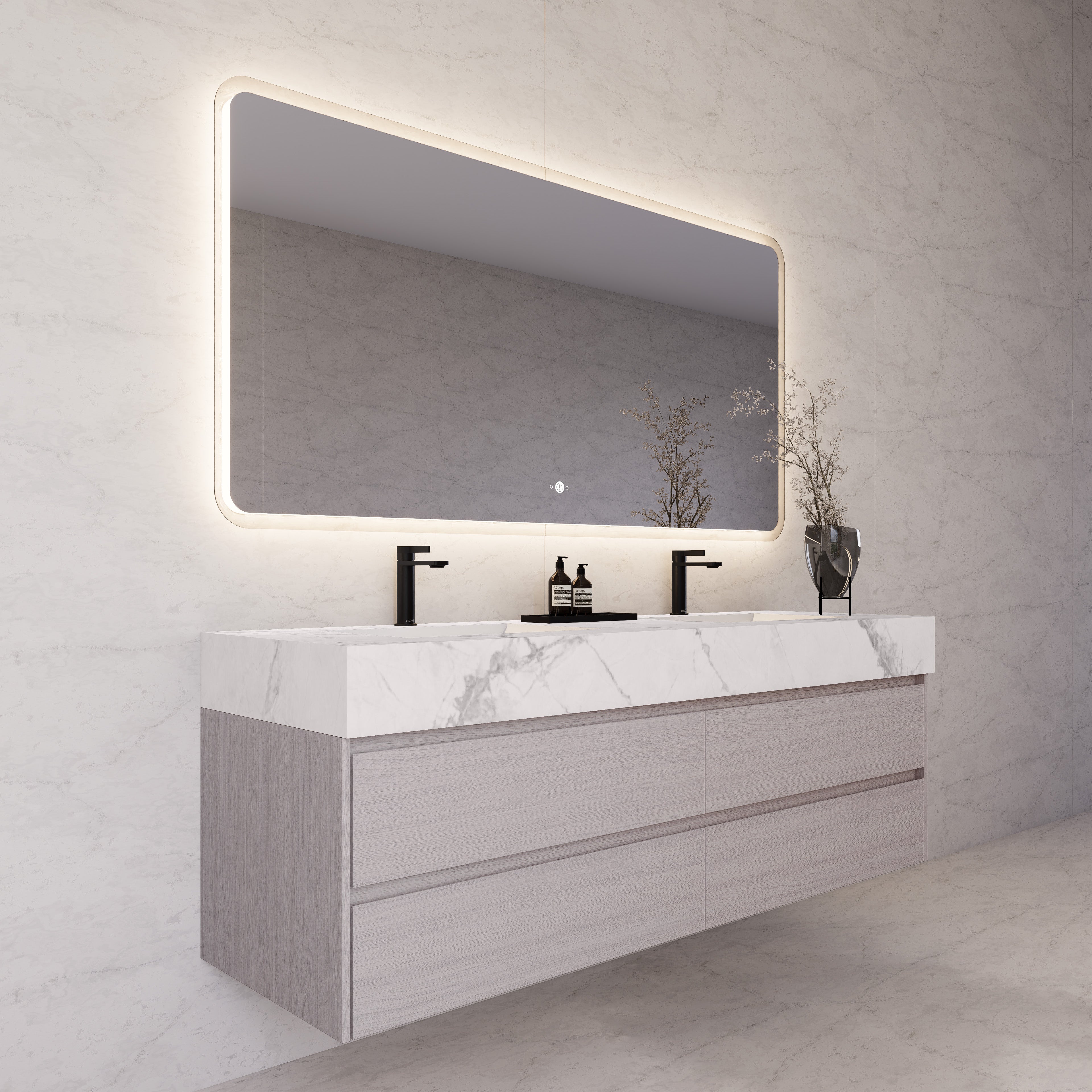 71"，60" White Grey Oak Double Sink Sintered Stone Top with Floating Bathroom Vanity