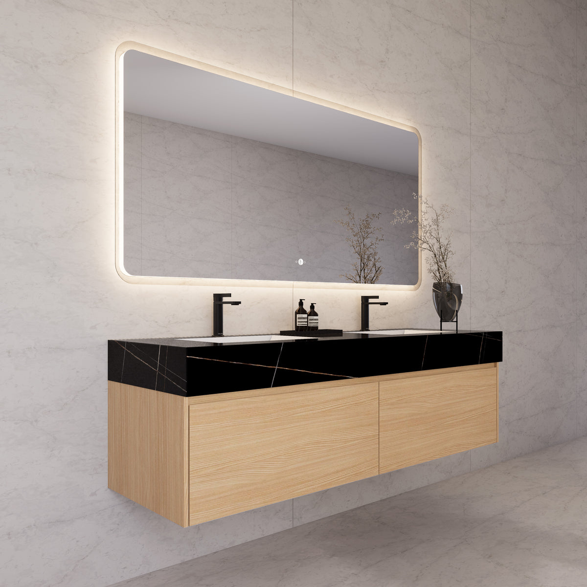 Meuble-lavabo flottant simple de 60 po / 71 po avec dessus en pierre et vasque double