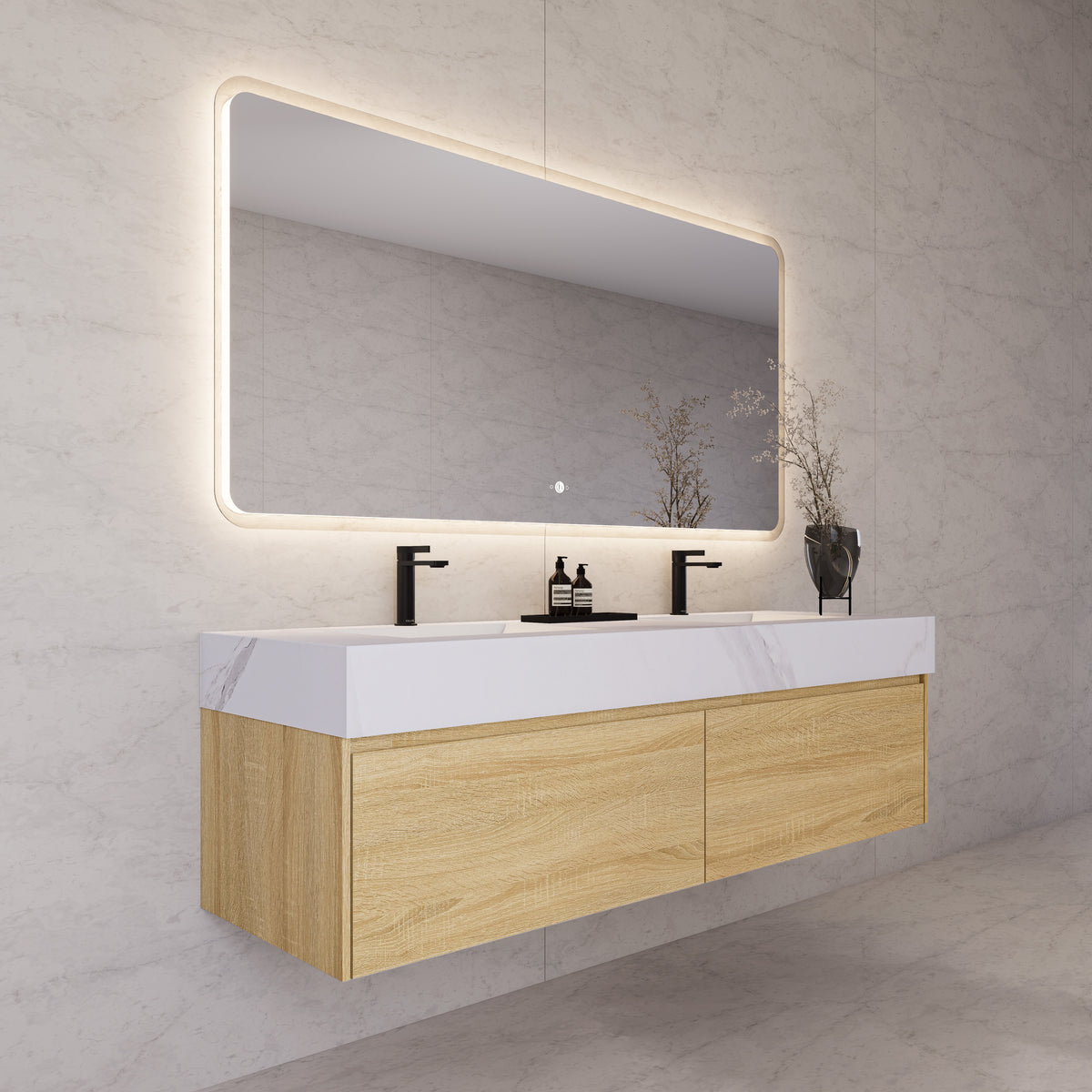 Tocador de baño flotante individual con cubierta de piedra de 60" / 71" de doble lavabo