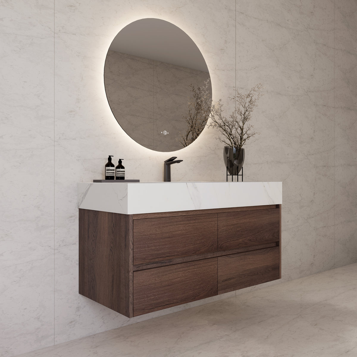 48"，60" Walnut Sintered Stone Top With Four Drawer Floating Bathroom Vanity