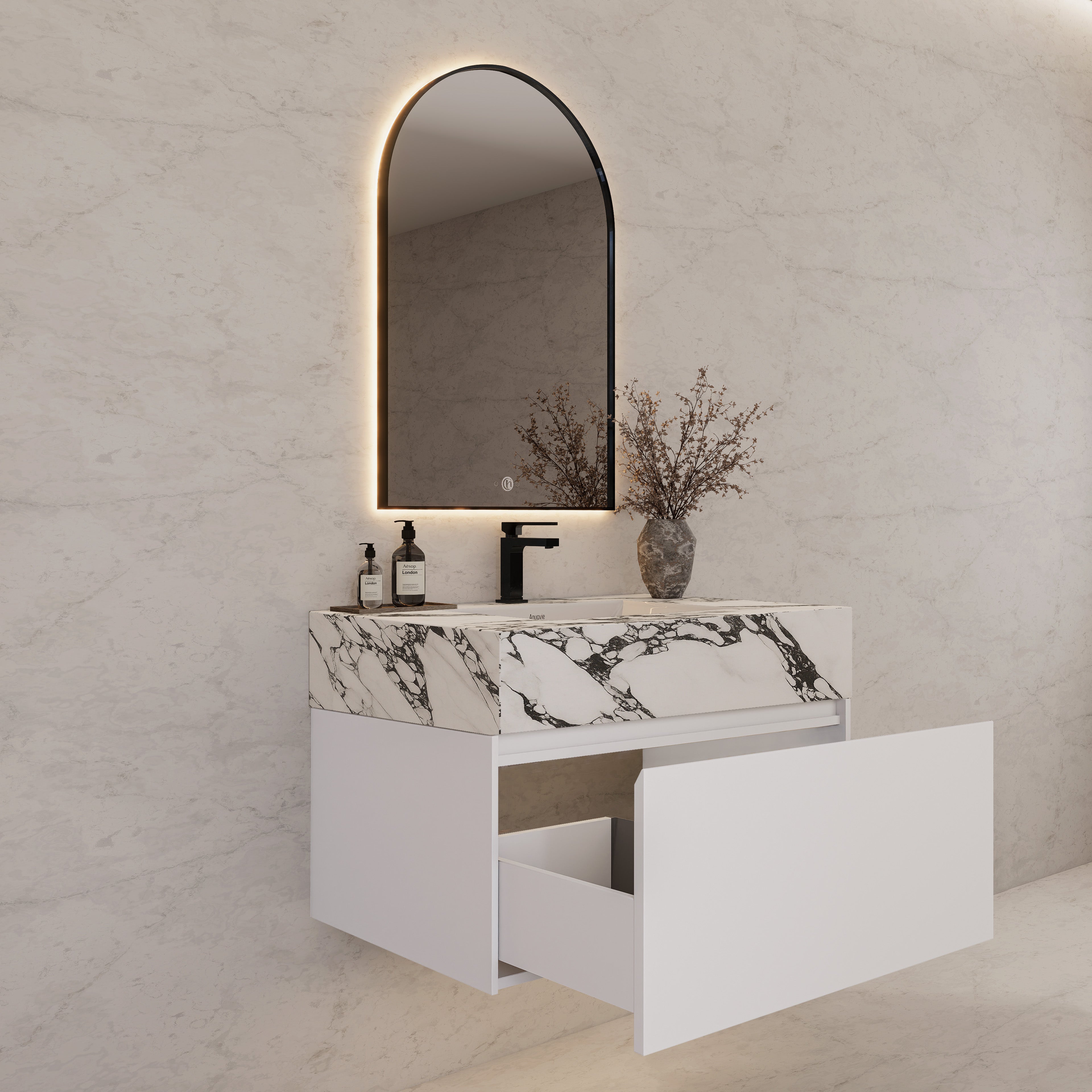 32"/ 36"/40" White Single Sink Floating Bathroom Vanity with Sintered Stone Top