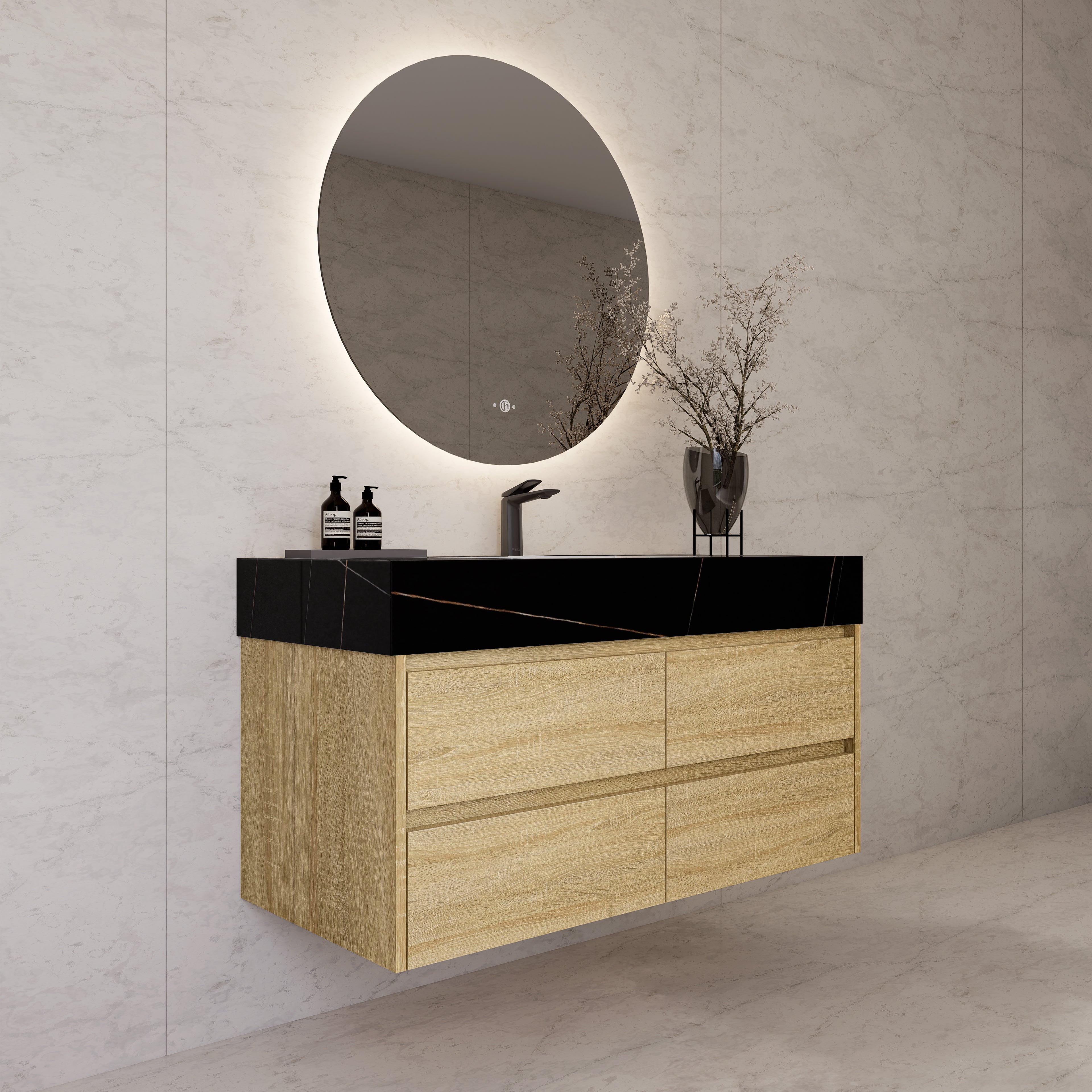 48"，60" Light Oak Sintered Stone Top With Four Drawer Floating Bathroom Vanity