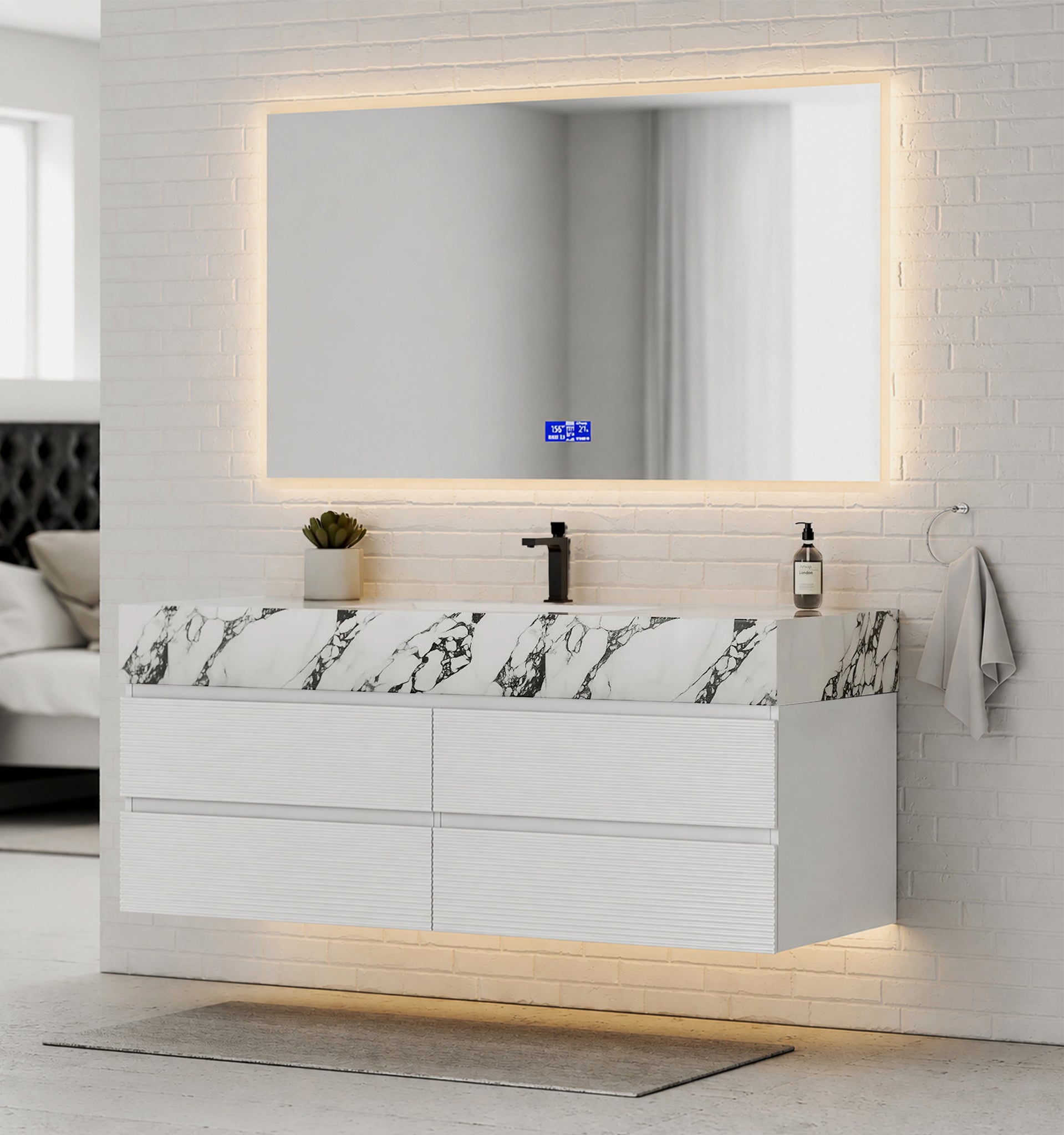 60” White Modern Floating Bathroom Vanity 4 Drawers– Single Basin