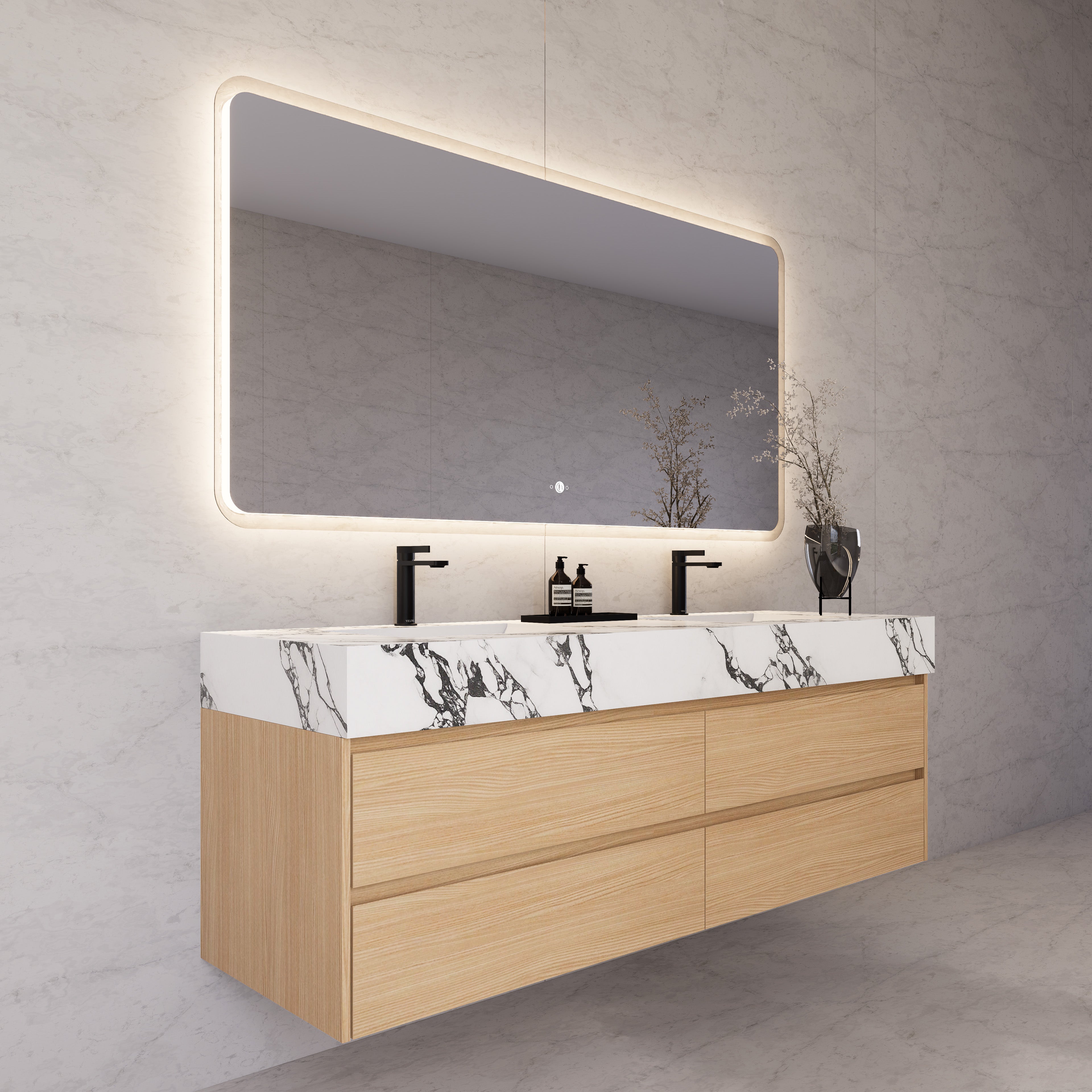 71"，60" Nature Oak Double Sink Sintered Stone Top with Floating Bathroom Vanity