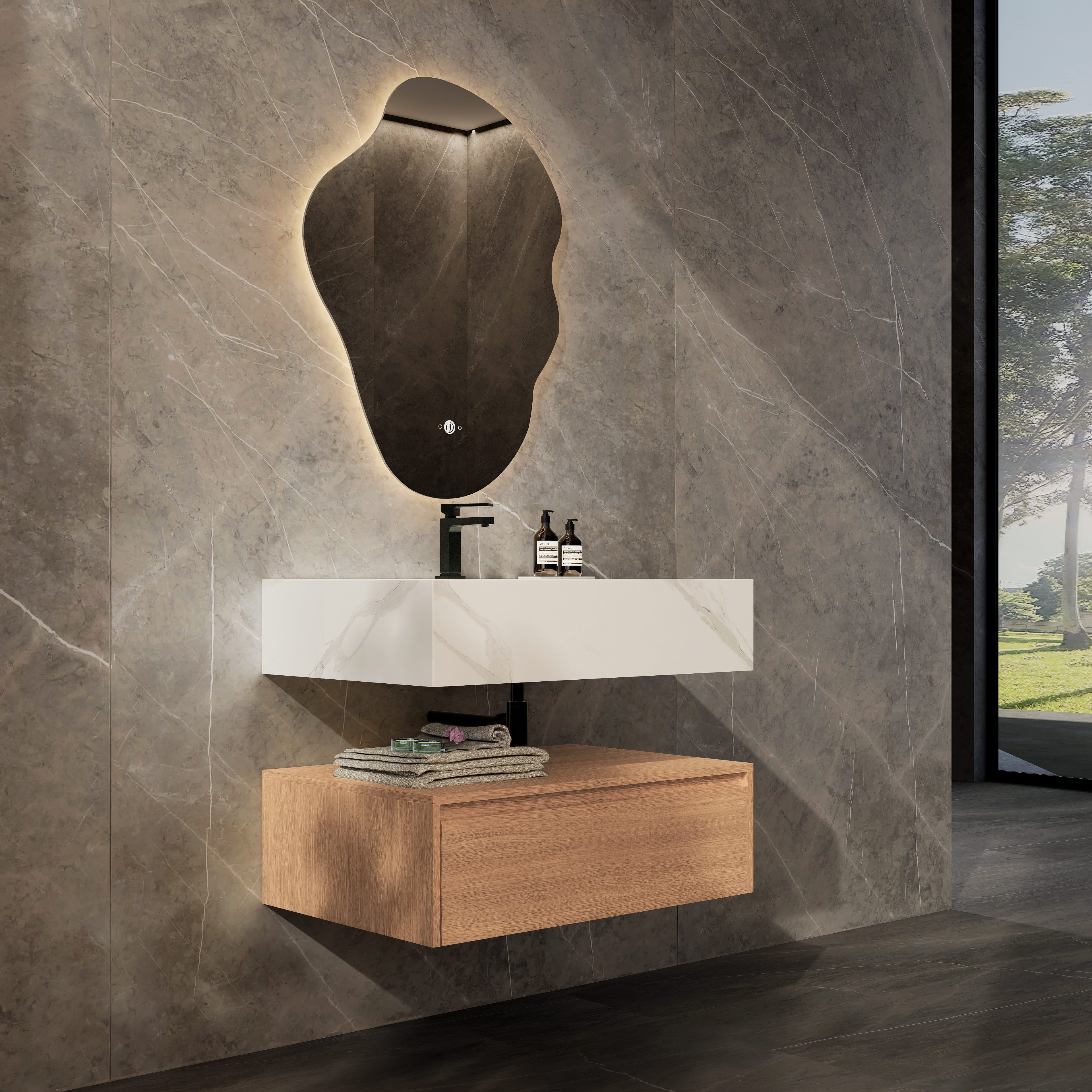 32"/ 36"/40"  Wall Mount Bathroom Vanity - Stone Integrated Basin & Plywood Cabinet