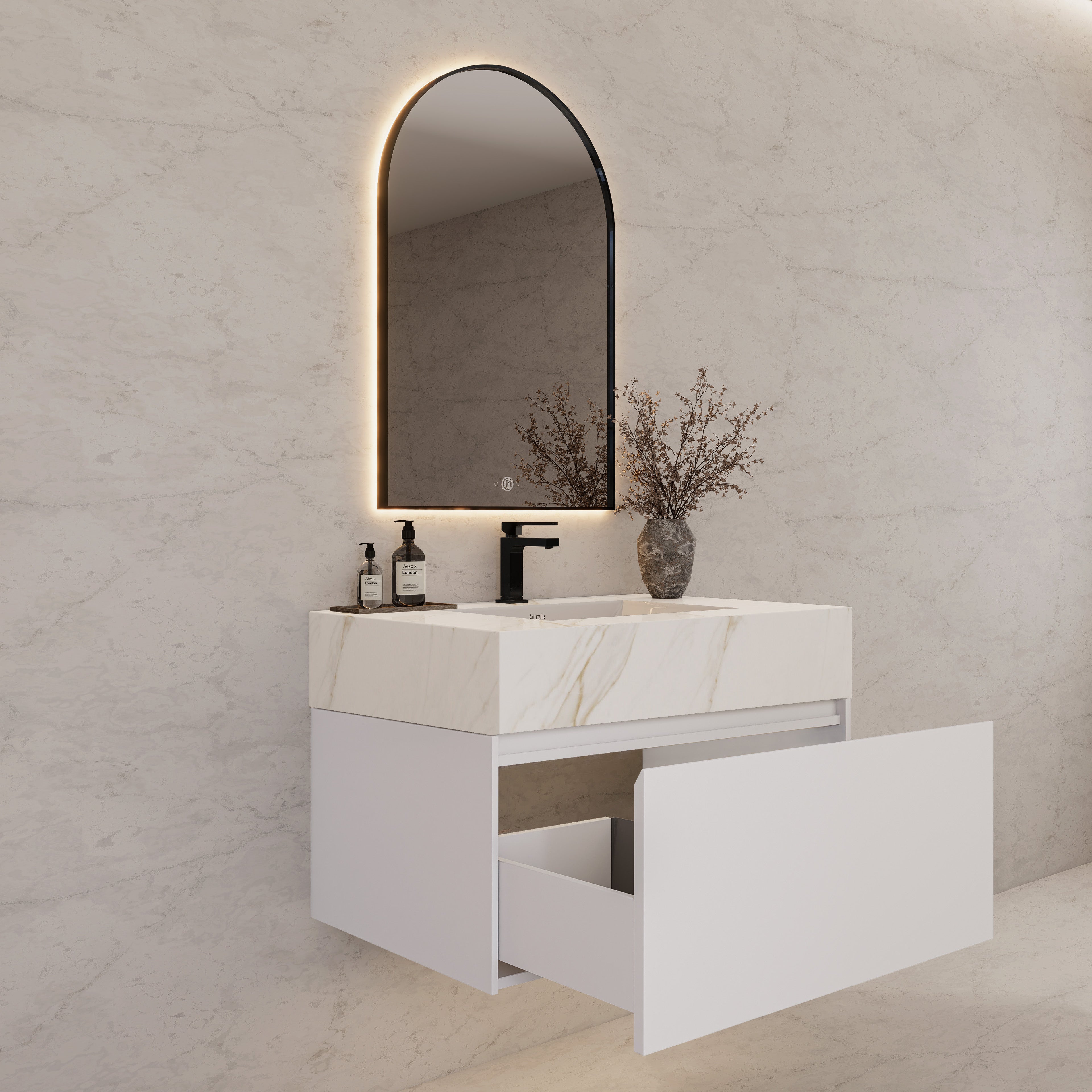 32"/ 36"/40" White Single Sink Floating Bathroom Vanity with Sintered Stone Top