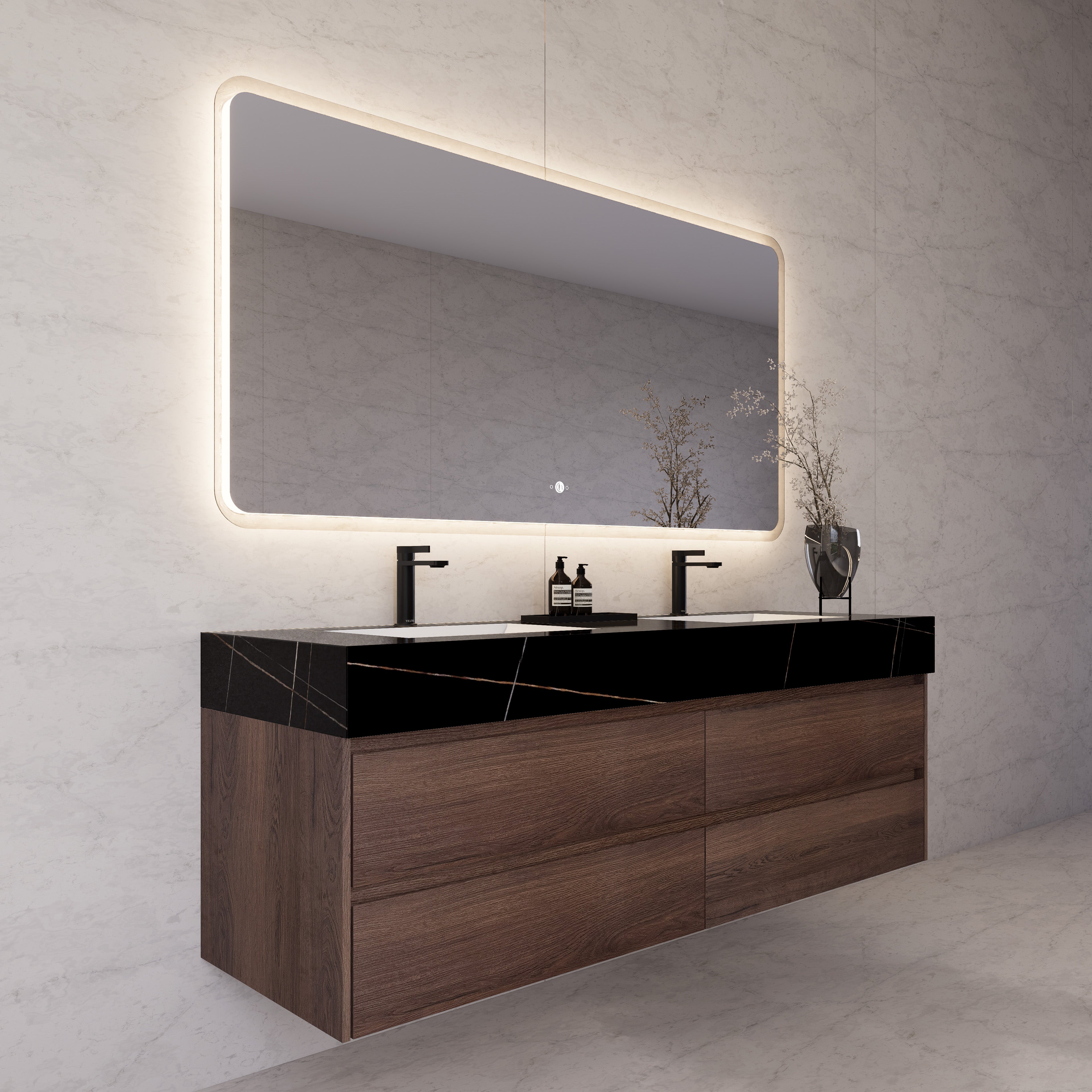 71"，60" Walnut Double Sink Sintered Stone Top with Elegant Floating Bathroom Vanity