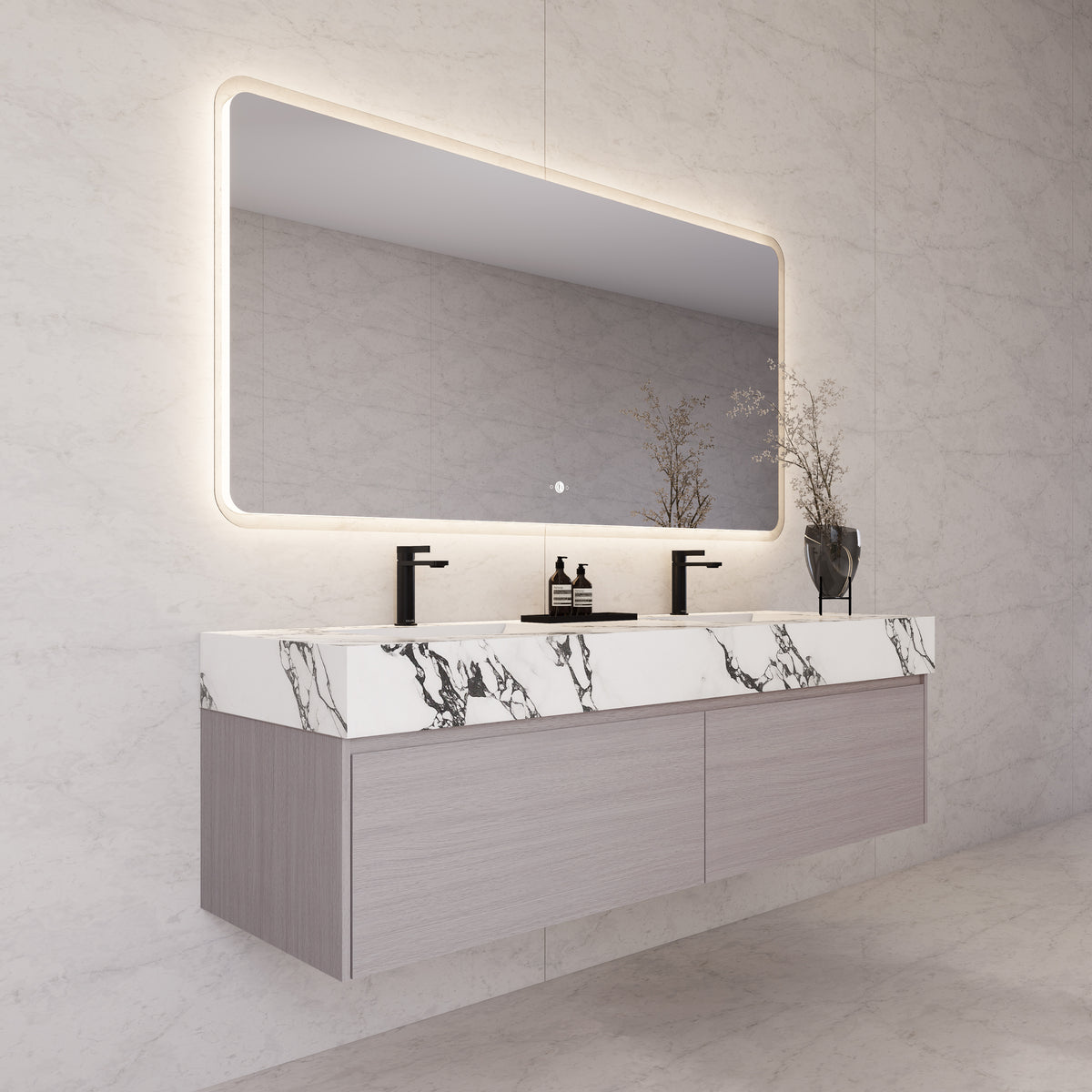 Tocador de baño flotante individual con cubierta de piedra de 60" / 71" de doble lavabo