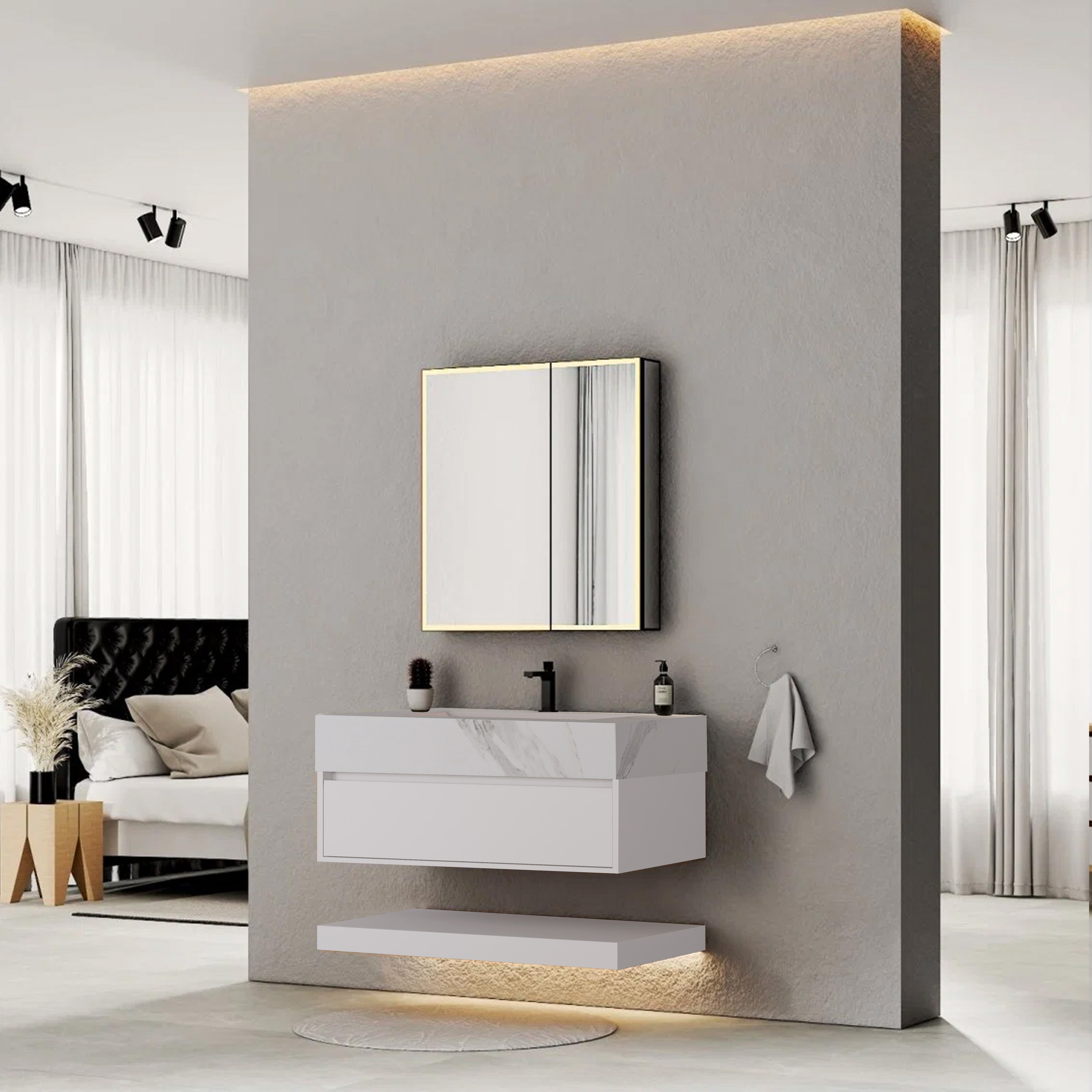 32" White Sintered Stone Top with Hotel-Style Floating Bathroom Vanity