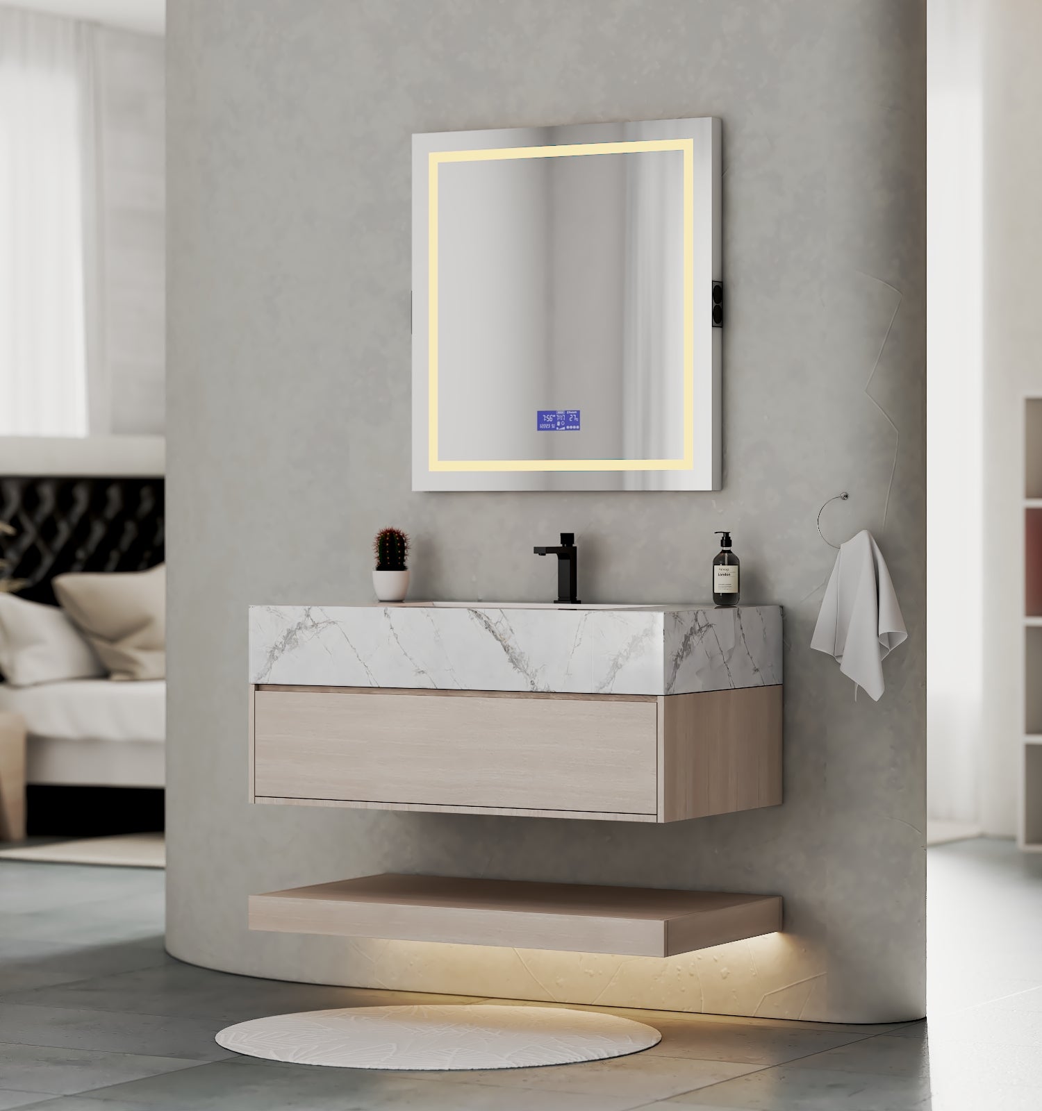 32", 36", 40" White Grey Oak Hotel-Style Floating Bathroom Vanity With Sintered Stone Top with