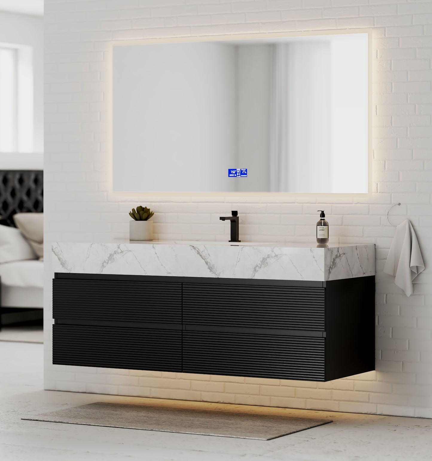 Black 60" Wall-Mounted Single Sink Bathroom Vanity with Fluted Drawers