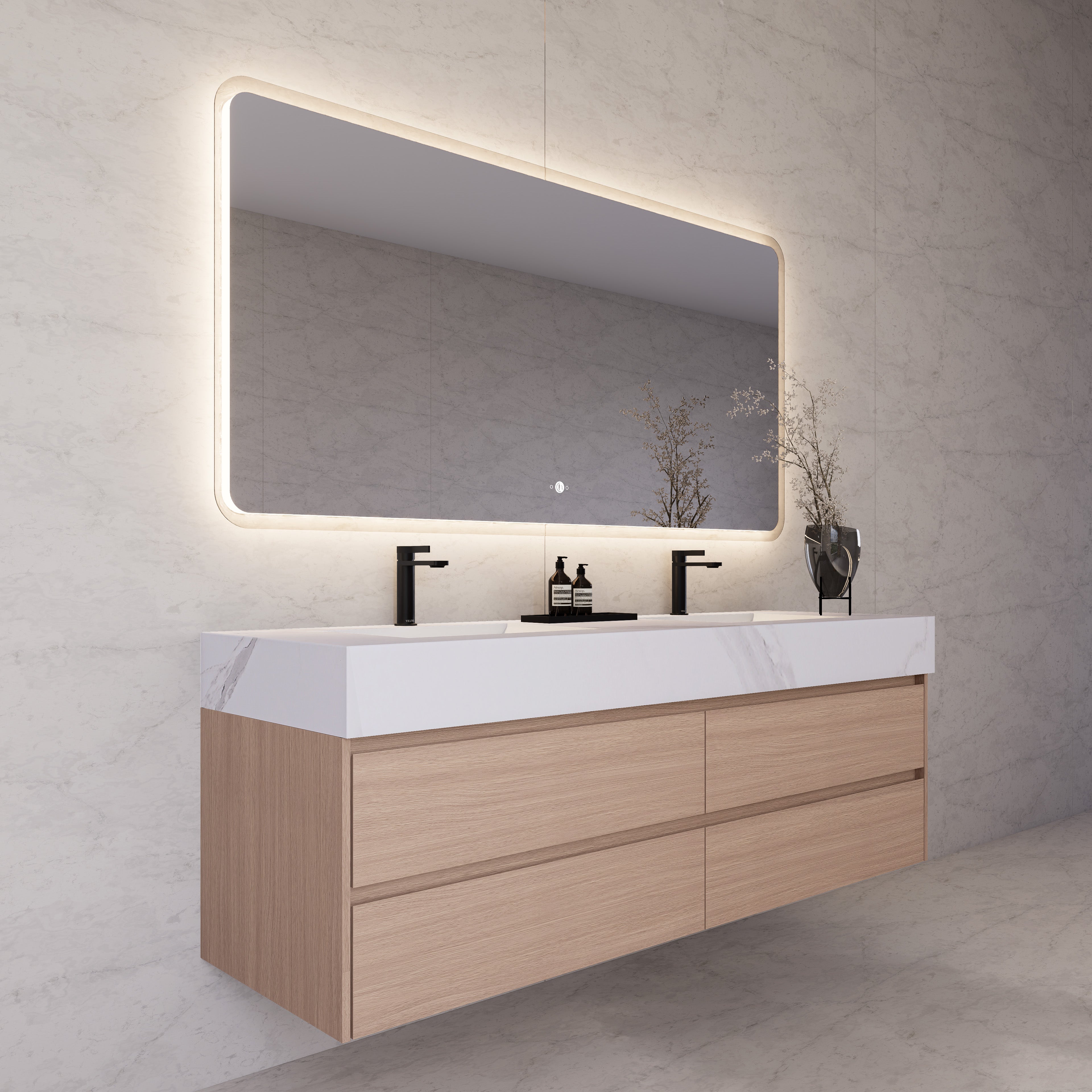 71"，60" Smoked Oak Double Sink Sintered Stone Top with Floating Bathroom Vanity