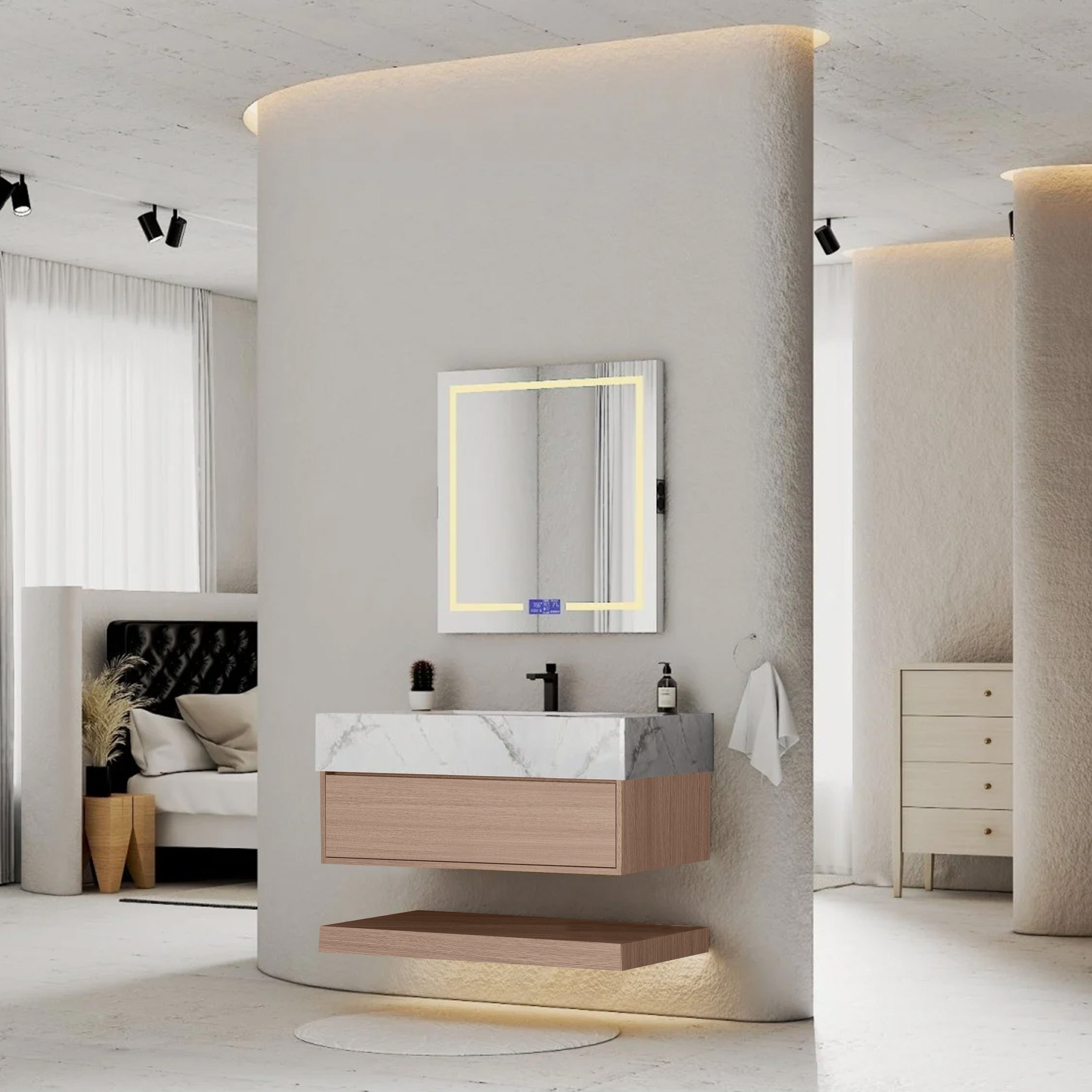 32", 36", 40" Smoked Oak Hotel-Style Floating Bathroom Vanity With Sintered Stone Top
