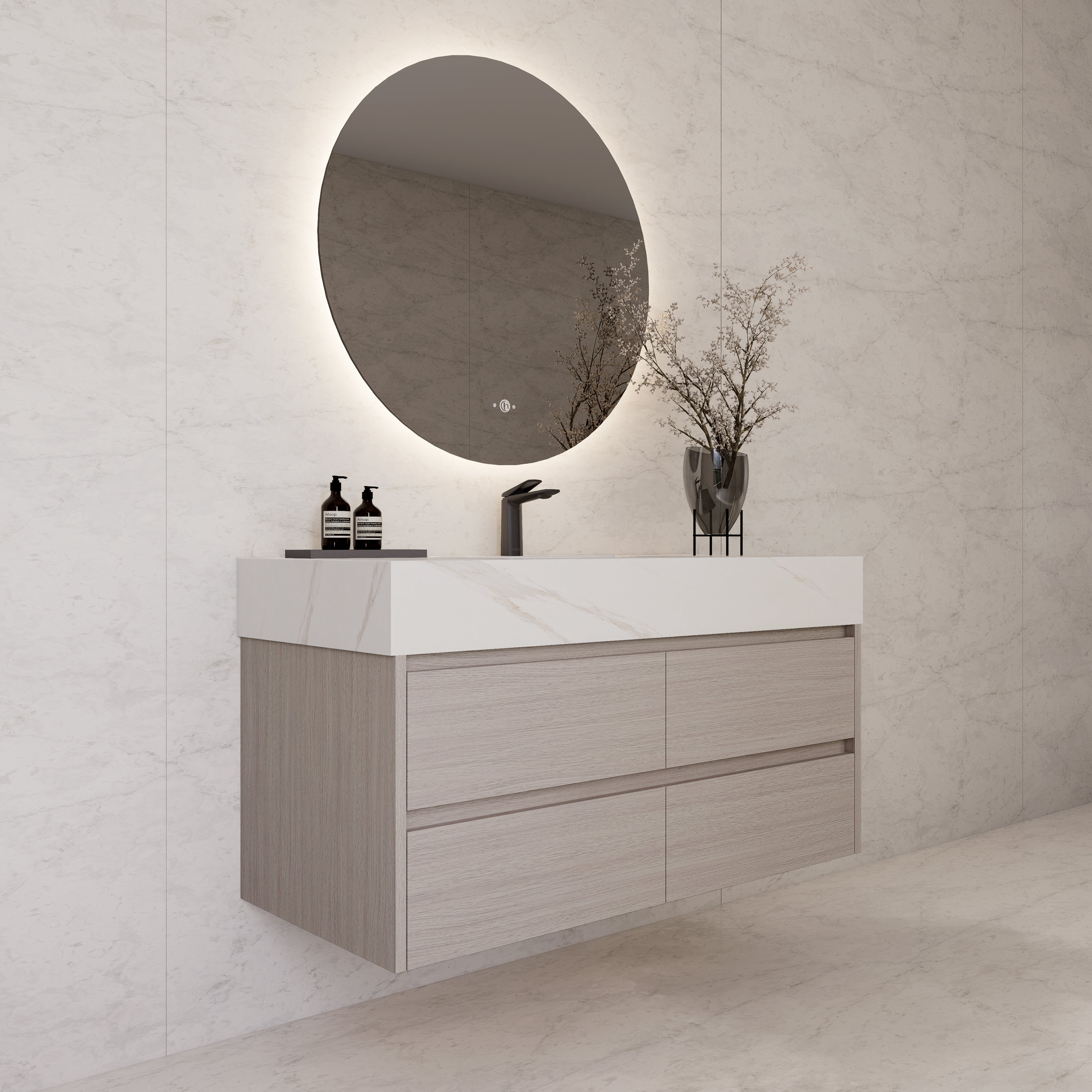 48"，60" White Grey Sintered Stone Top With Four Drawer Floating Bathroom Vanity