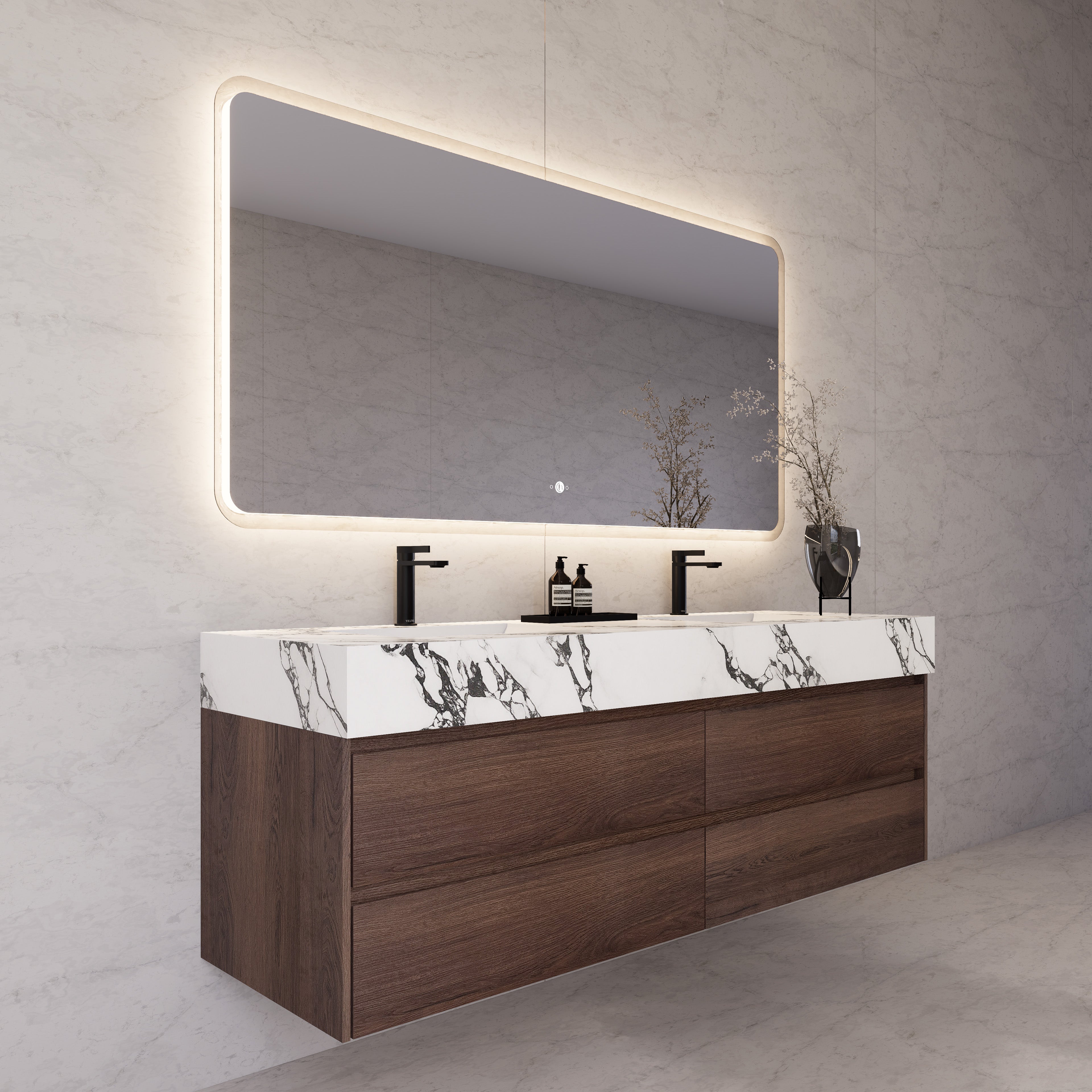 71"，60" Walnut Double Sink Sintered Stone Top with Elegant Floating Bathroom Vanity