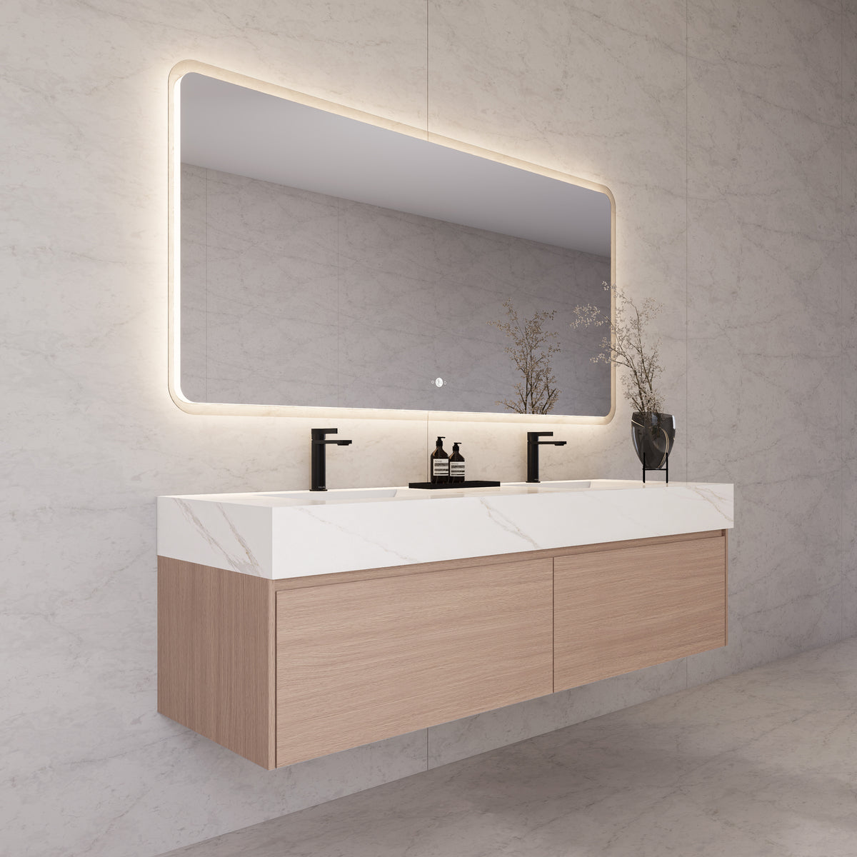 Meuble-lavabo suspendu double de 60 po / 71 po en chêne fumé avec dessus en pierre