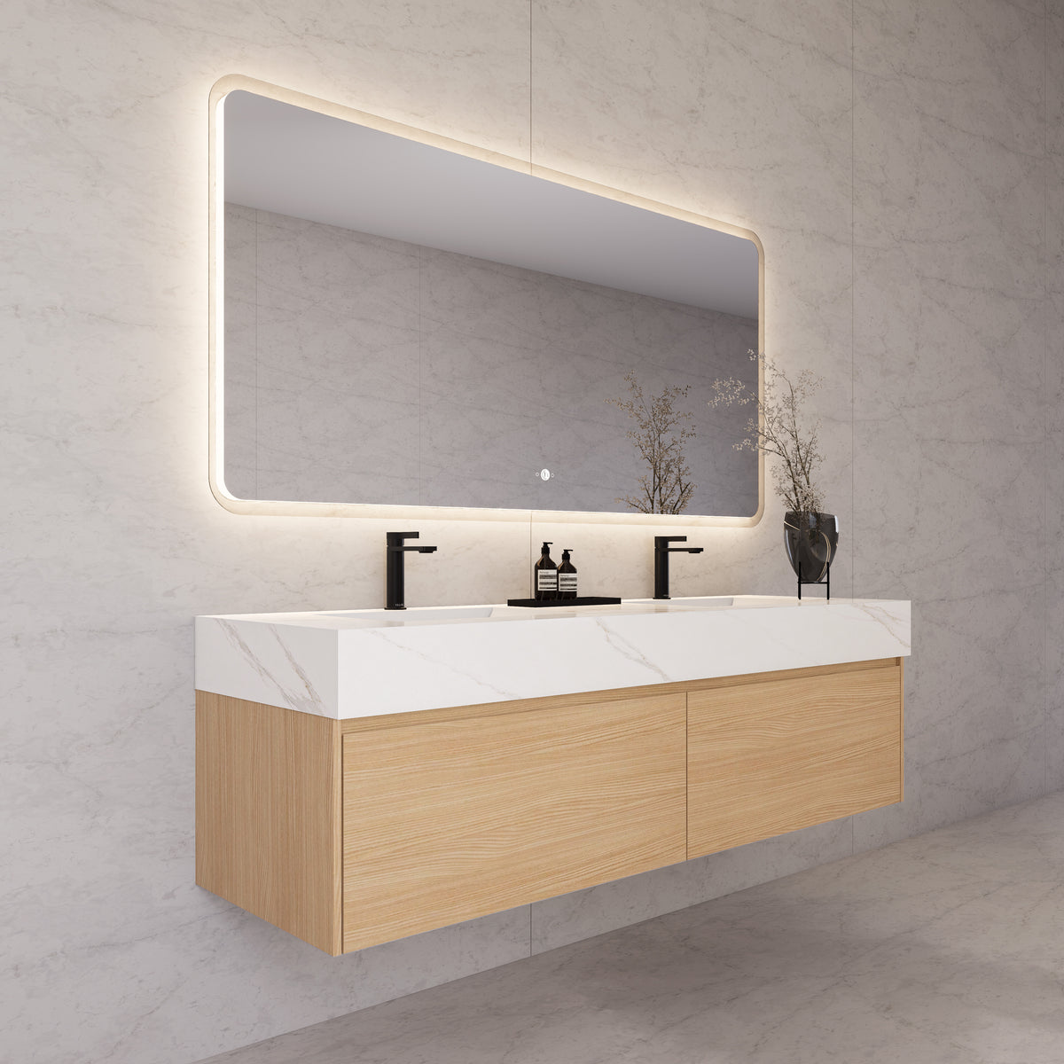 Meuble-lavabo flottant simple de 60 po / 71 po avec dessus en pierre et vasque double