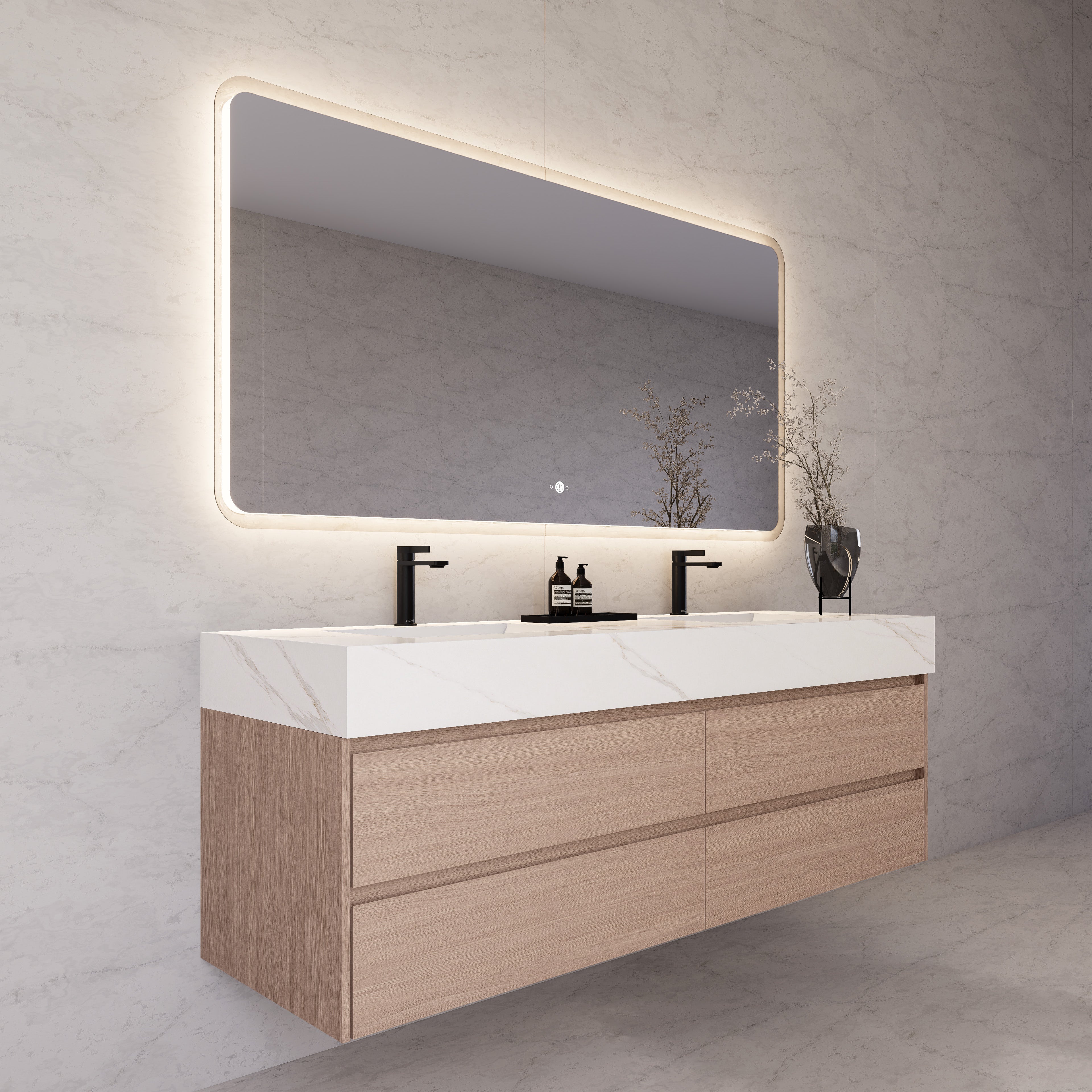 71"，60" Smoked Oak Double Sink Sintered Stone Top with Floating Bathroom Vanity