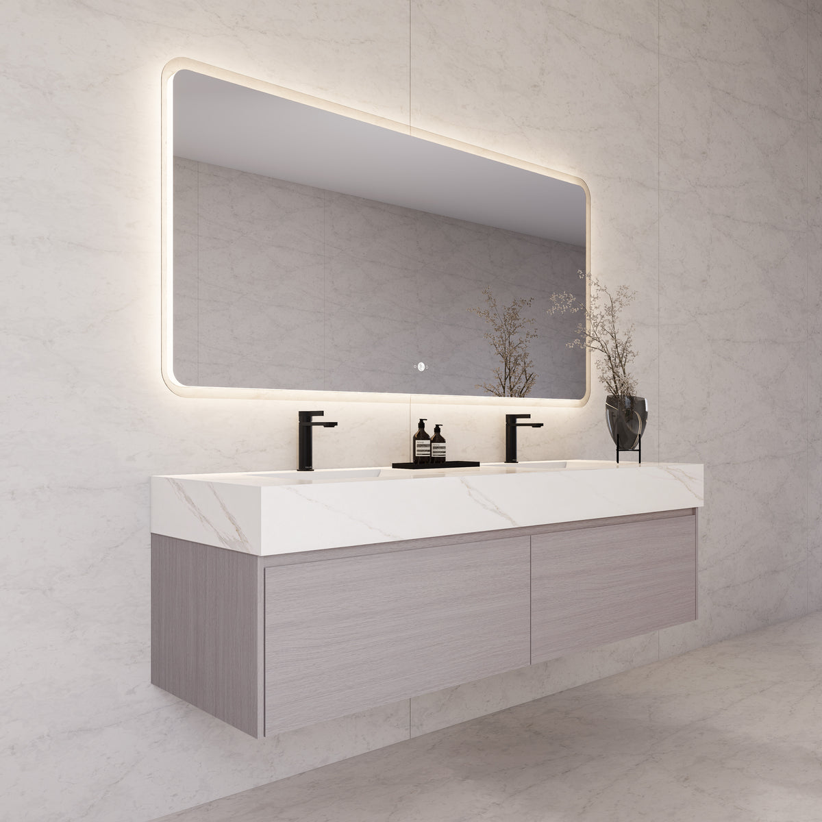Tocador de baño flotante individual con cubierta de piedra de 60" / 71" de doble lavabo