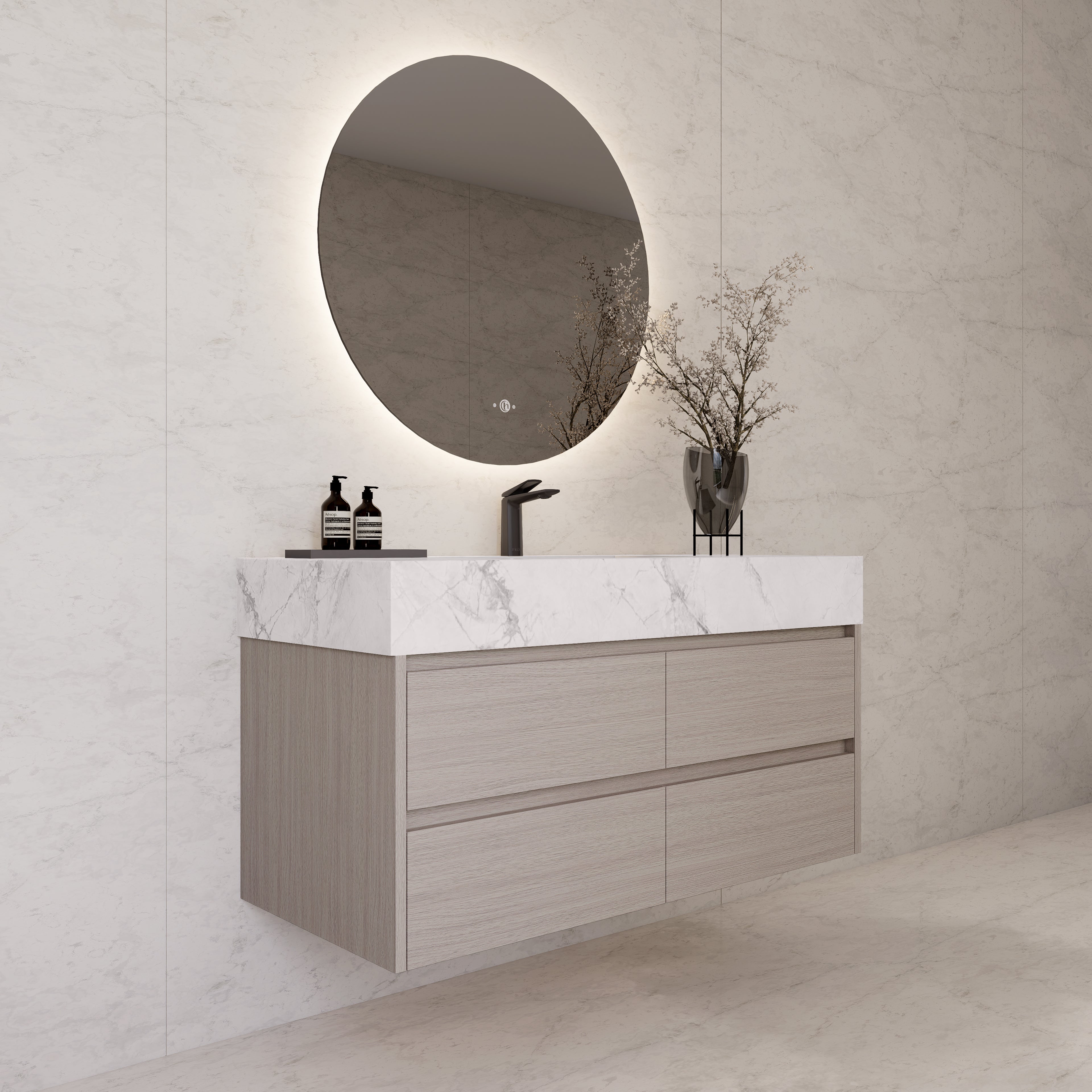 48"，60" White Grey Sintered Stone Top With Four Drawer Floating Bathroom Vanity