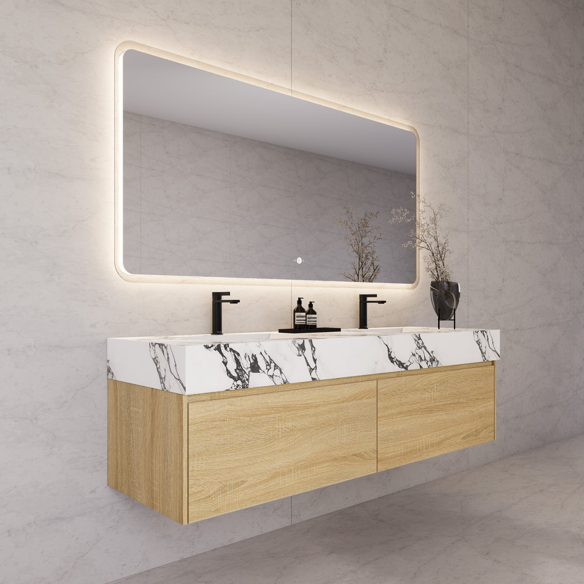 Tocador de baño flotante individual con cubierta de piedra de 60" / 71" de doble lavabo