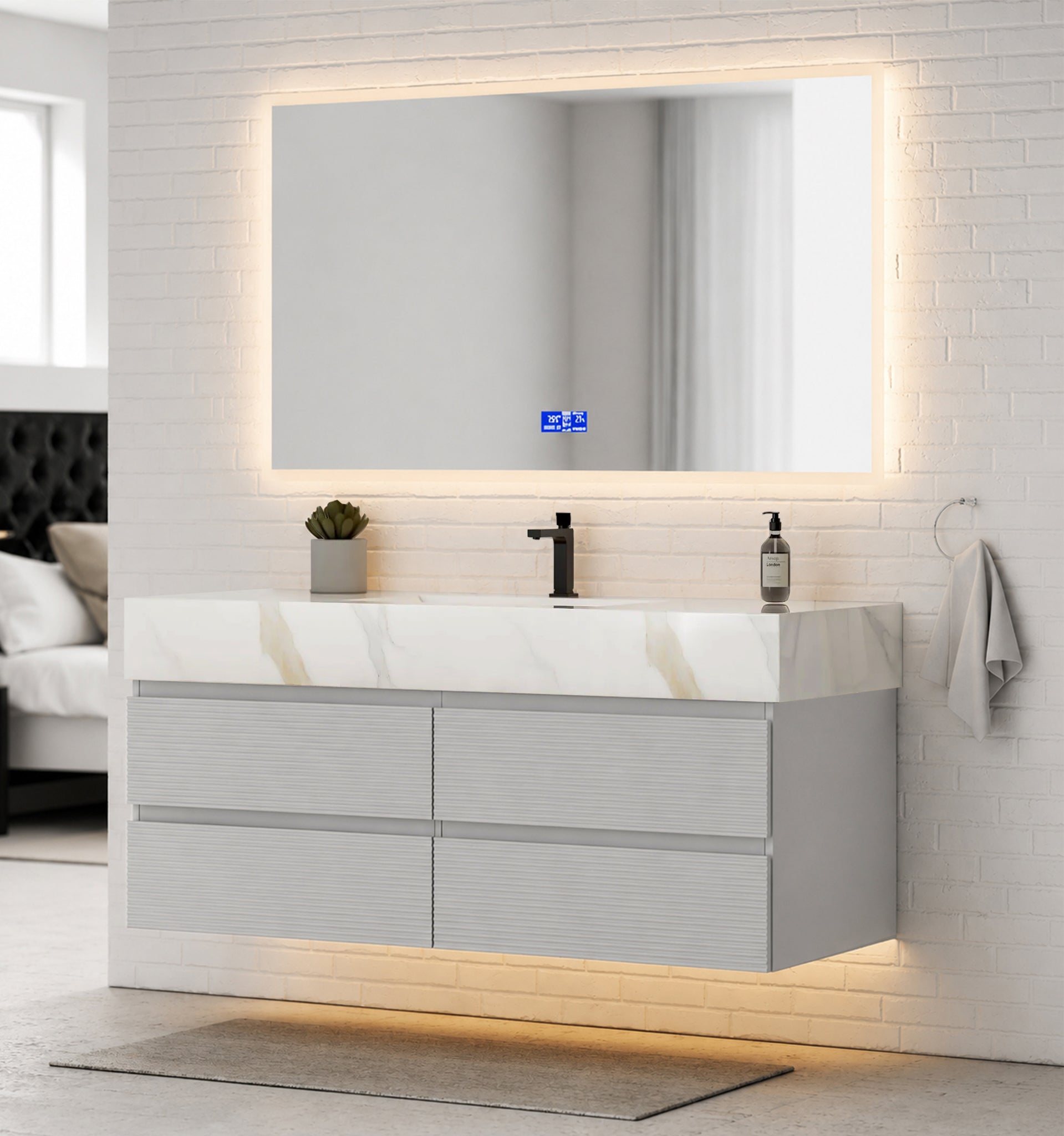 60” Light Grey Modern Floating Bathroom Vanity 4 Drawers– Single Basin